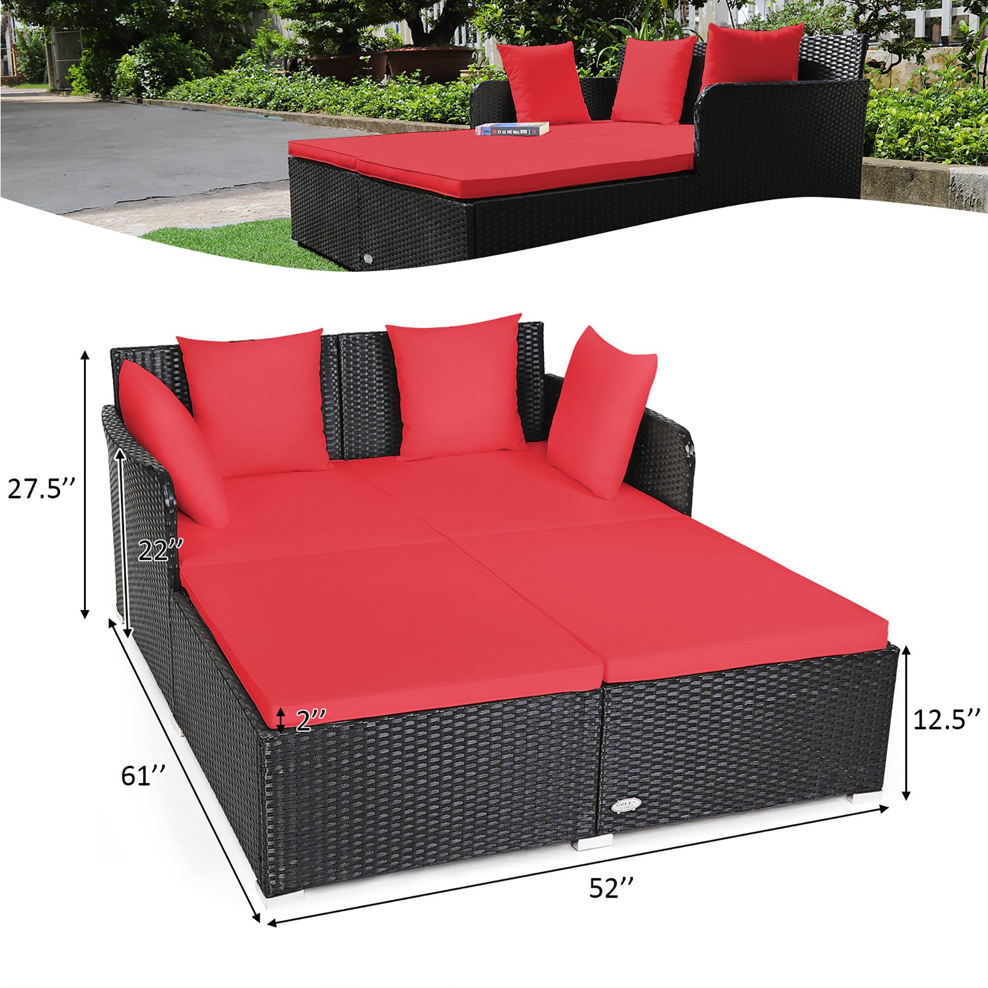 The text on the image reads: "11 27.5" 22" 2" 12.5" 61" 52"". This text is describing the dimensions of a red bed. The bed is 11 feet long, 27.5 inches wide, and 22 inches tall. The bed also has a 2-inch thickness, and it is 12.5 feet wide and 61 inches tall.