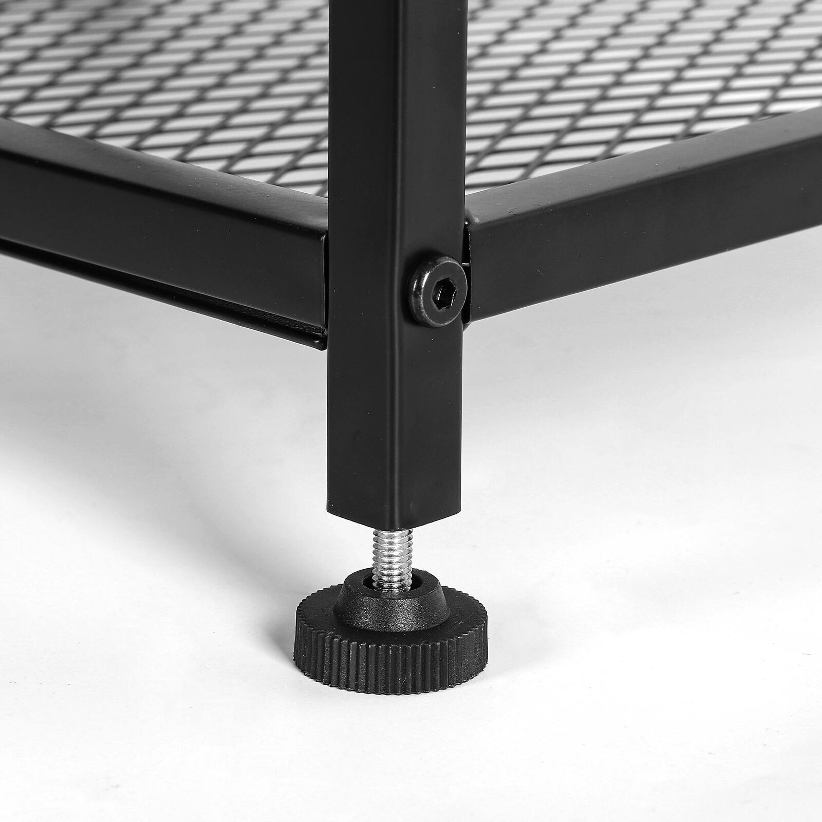 Back. Oumilen - Black End Table with Fabric Drawer, Mesh Shelf & Built-in Charging Station - Black.