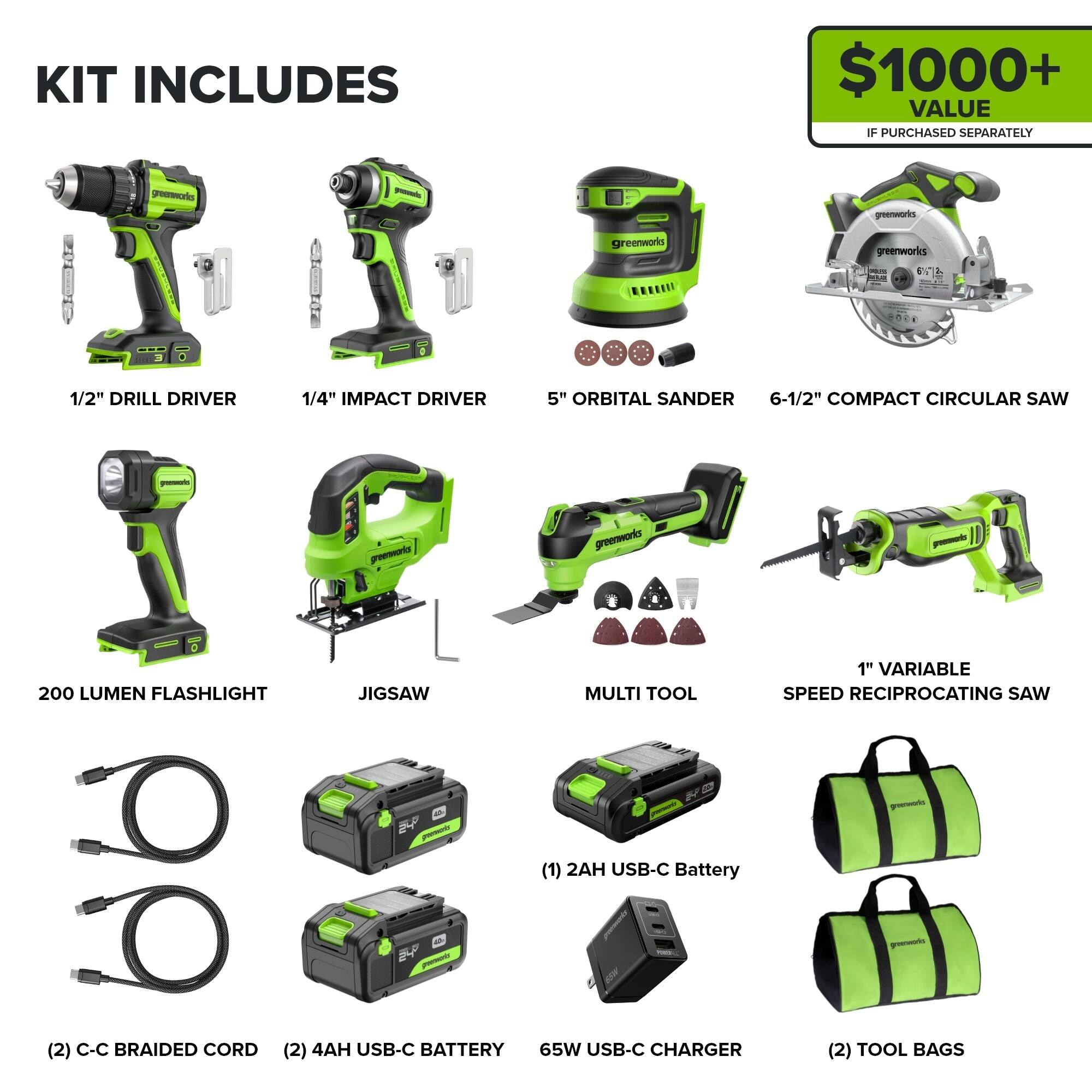 KIT INCLUDES

$1000+ VALUE IF PURCHASED SEPARATELY

- 1/2" DRILL DRIVER
- 1/4" IMPACT DRIVER
- 5" ORBITAL SANDER
- 6-1/2" COMPACT CIRCULAR SAW
- 200 LUMEN FLASHLIGHT
- JIGSAW
- MULTI TOOL
- 1" VARIABLE SPEED RECIPROCATING SAW
- (1) 2AH USB-C Battery
- (2) 4AH USB-C BATTERY
- 65W USB-C CHARGER
- (2) C-C BRAIDED CORD
- (2) TOOL BAGS