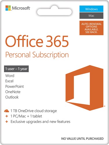  Microsoft Office 365 Personal (1 Mac or PC + 1 iPad or Select Windows Tablet) (1 Year Subscription)