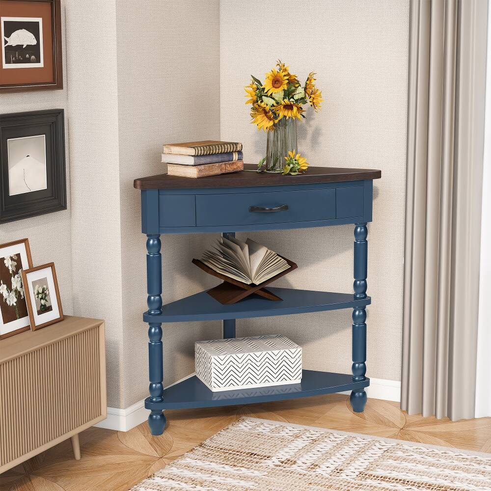 Front. Loheer - Loheer Triangle Corner Table 3 Tier End Table Navy Blue - Navy Blue.