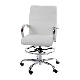 Emma + Oliver - Mid-Back LeatherSoft Drafting Chair with Adjustable Foot Ring and Chrome Base - White