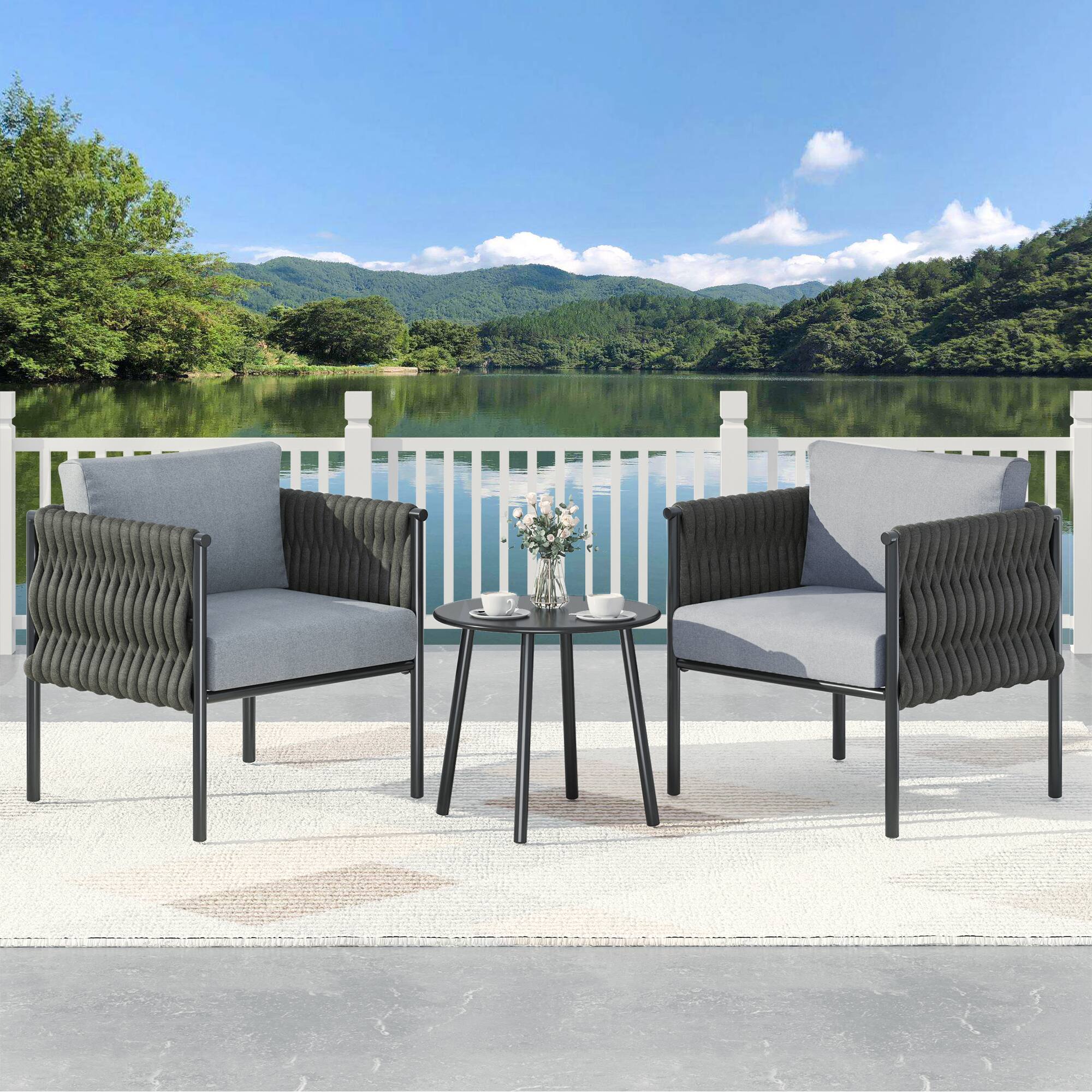 Angle. U-HOMY - 3-Piece Patio Conversation Set, Outdoor Armchairs with Thick Cushions & Coffee Table, Steel Frame - Grey.