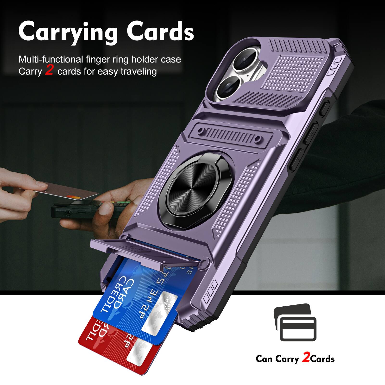 Carrying Cards

Multi-functional finger ring holder case
Carry 2 cards for easy traveling

Can Carry 2 Cards