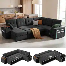 Dyonery - 7-Seat Modular Sectional Sleeper Sofa with Pull-Out Bed, Reclining Backrest, USB Ports, Table, LED Lights ,Gray - Gray