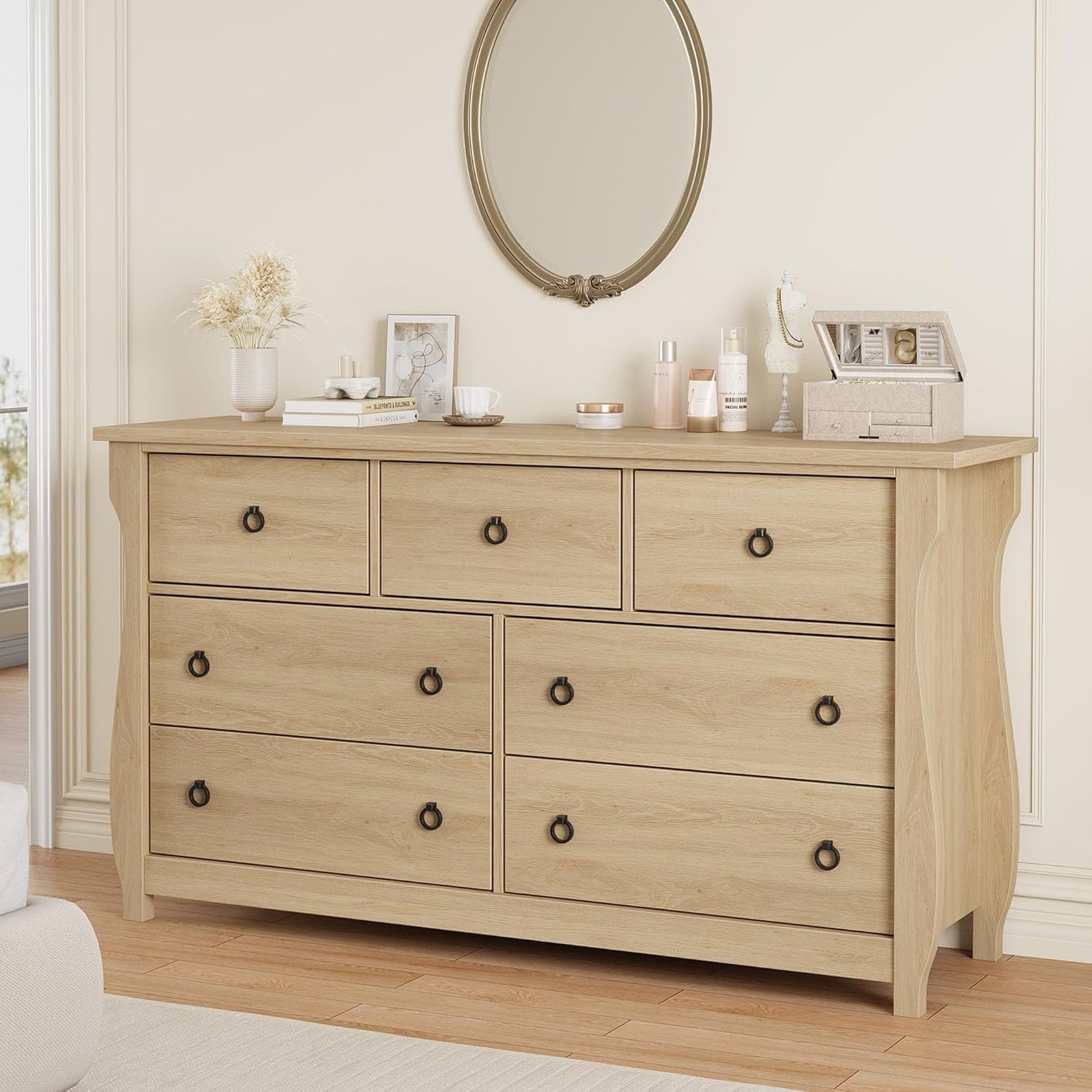Front. GARVEE - 7 Dresser for Bedroom, 54" Wide Drawer Dresser with Storage Freestanding, Wooden Closet Storage Chest for Living Room - ‎Natural Oak.