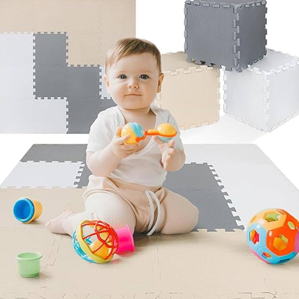 Front. Toyvelt - Foam Puzzle Floor Mat for Kids – 12x12 32 Tiles Interlocking Beige Play Mat - Beige 32.