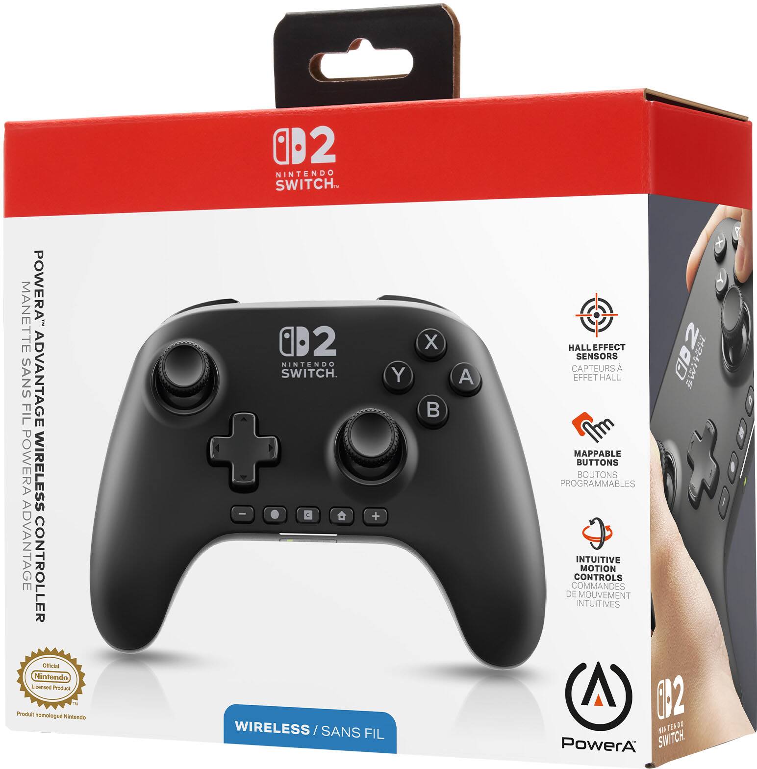 Sure, here is the corrected and grouped text from the image:

---

**Nintendo Switch**

**PowerA Advantage Wireless Controller**

- **Wireless / Sans Fil**
- **Hall Effect Sensors / Capteurs à Effet Hall**
- **Mappable Buttons / Boutons Programmables**
- **Intuitive Motion Controls / Commandes de Mouvement Intuitives**

**Official Nintendo Licensed Product**

**Produit homologué Nintendo**

**PowerA**

**Nintendo Switch**

---

This text is organized to reflect the information on the packaging of the PowerA Advantage Wireless Controller for the Nintendo Switch.