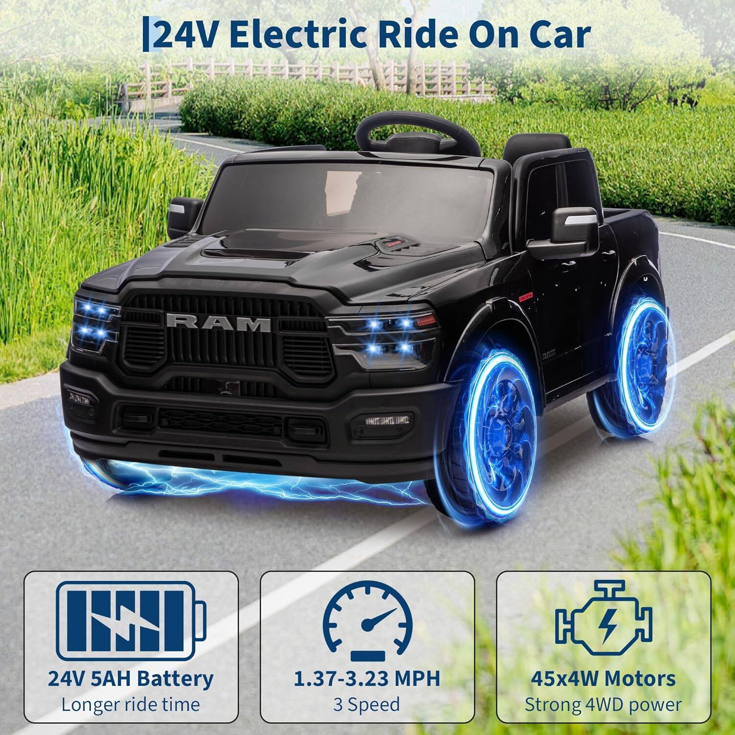 24V Electric Ride On Car

- 24V 5AH Battery
- Longer ride time
- 1.37-3.23 MPH
- 3 Speed
- 45x4W Motors
- Strong 4WD power