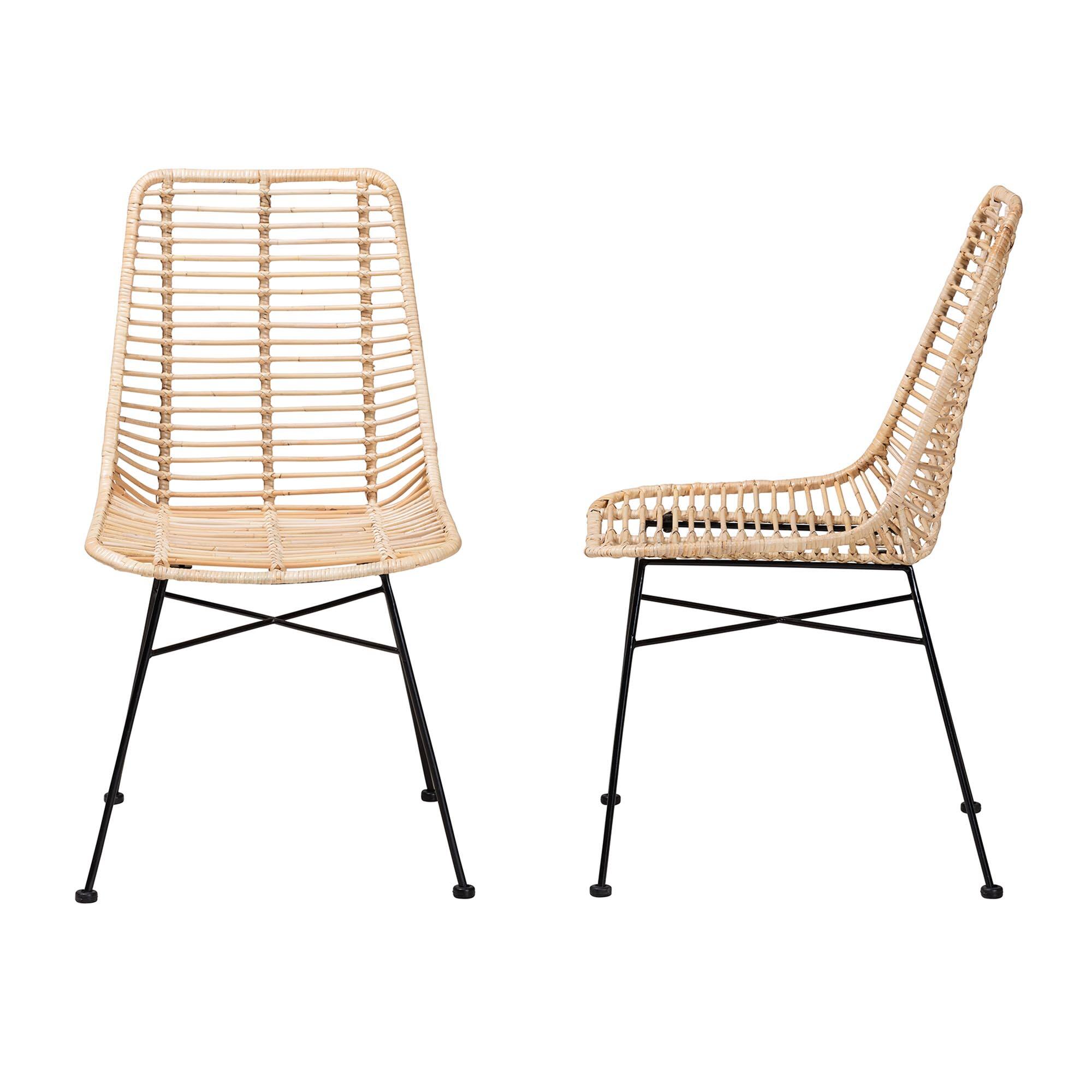 Left. bali & pari - Manhattan Modern Bohemian Rattan and Metal 2-Piece Dining Chair Set - Natural Brown/Black.