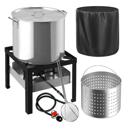 Front. FODINGHILL - 50QT Aluminum Outdoor Crawfish & Crab Boiler with Basket, Skimmer & Cover, Seafood Boiling Kit - silver.