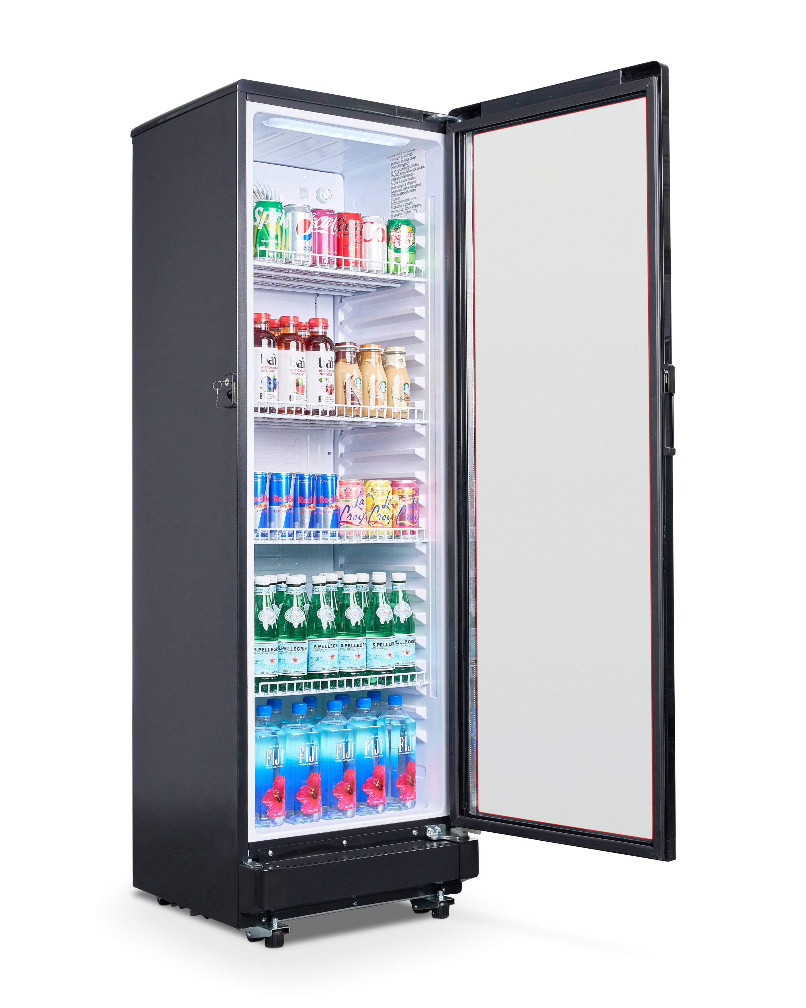 The image shows a refrigerator with its doors open, revealing a variety of drinks inside. There are multiple bottles of water, soda, and juice, as well as a few bottles of alcohol. The refrigerator is filled with a diverse selection of beverages, catering to different tastes and preferences.