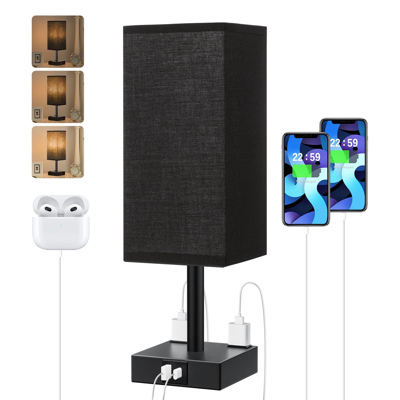 Dazzed Corner - 3-Way Dimmable Touch Table Lamp with USB & AC Ports, E26 LED Bulb - Black