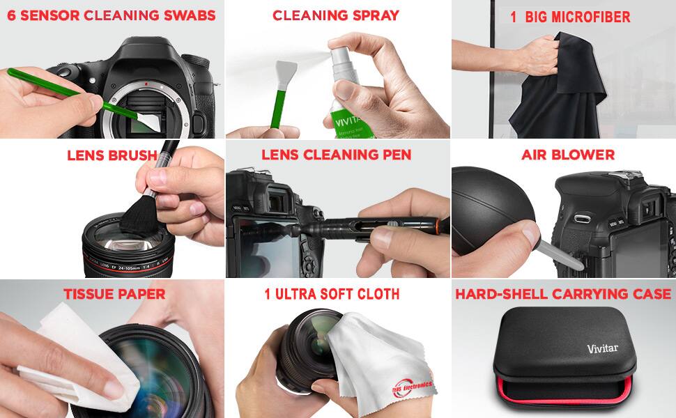 6 SENSOR CLEANING SWABS  
CLEANING SPRAY  
1 BIG MICROFIBER  
LENS BRUSH  
LENS CLEANING PEN  
AIR BLOWER  
TISSUE PAPER  
1 ULTRA SOFT CLOTH  
HARD-SHELL CARRYING CASE