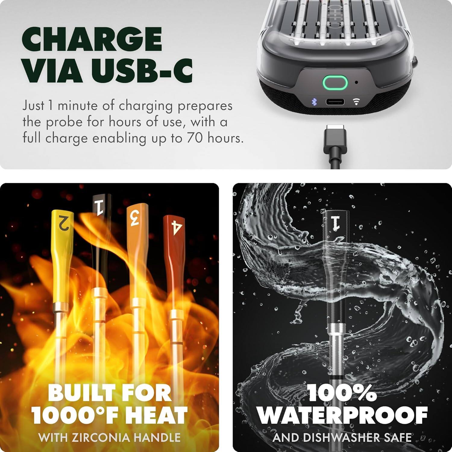 CHARGE VIA USB-C

Just 1 minute of charging prepares the probe for hours of use, with a full charge enabling up to 70 hours.

BUILT FOR 1000°F HEAT
WITH ZIRCONIA HANDLE

100% WATERPROOF
AND DISHWASHER SAFE