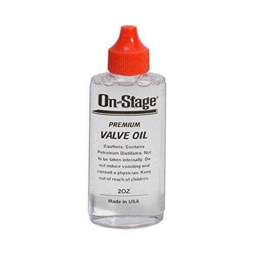 On-Stage PREMIUM VALVE OIL  
Cautions: Contains Petroleum Distillates. Not to be taken internally. Do not induce vomiting and consult a physician. Keep out of reach of children.  
2 OZ  
Made in USA