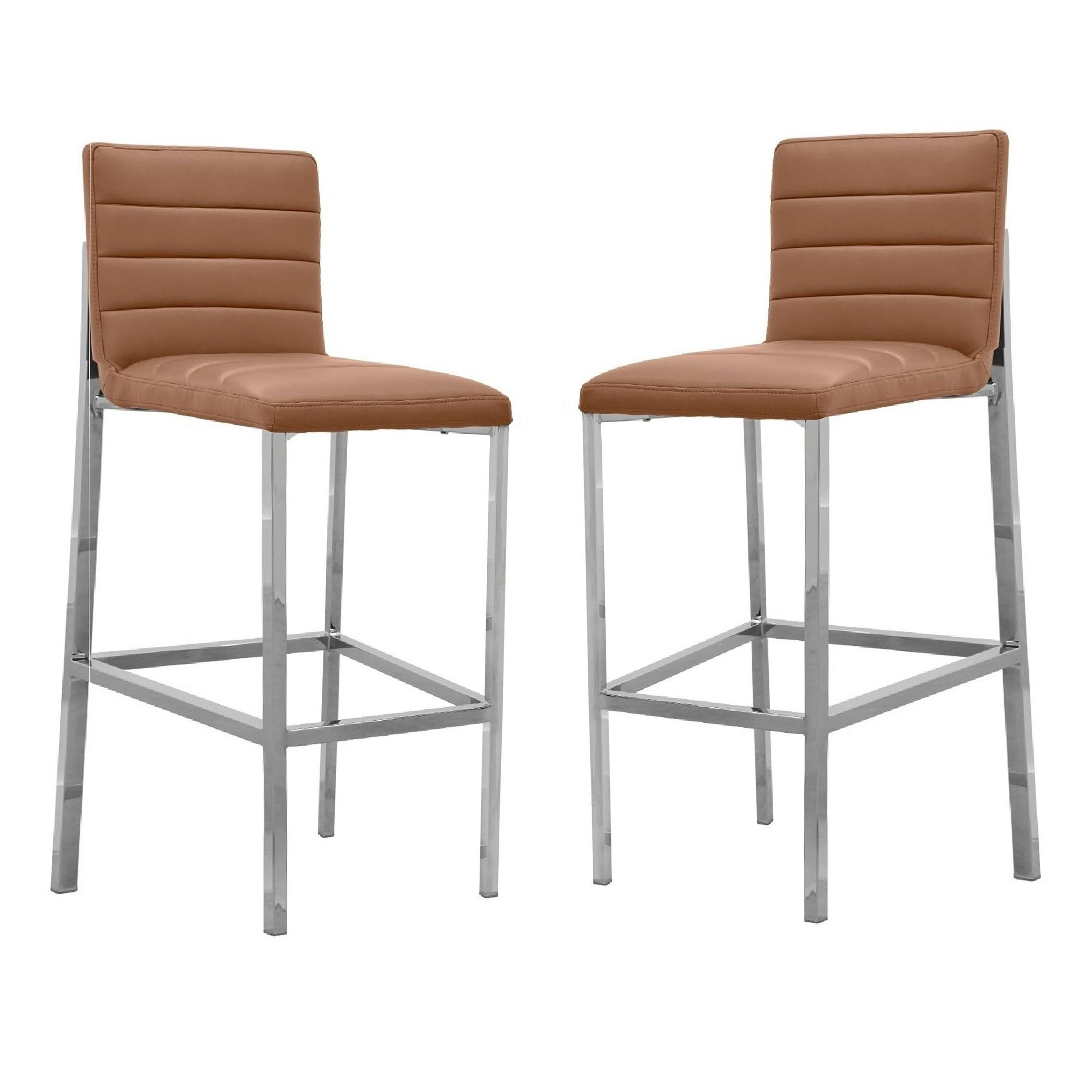 Front. Manhattan Lane - Eun 30 Inch Faux Leather Channel Barstool, Chrome Legs, Set of 2 - Brown and Chrome.