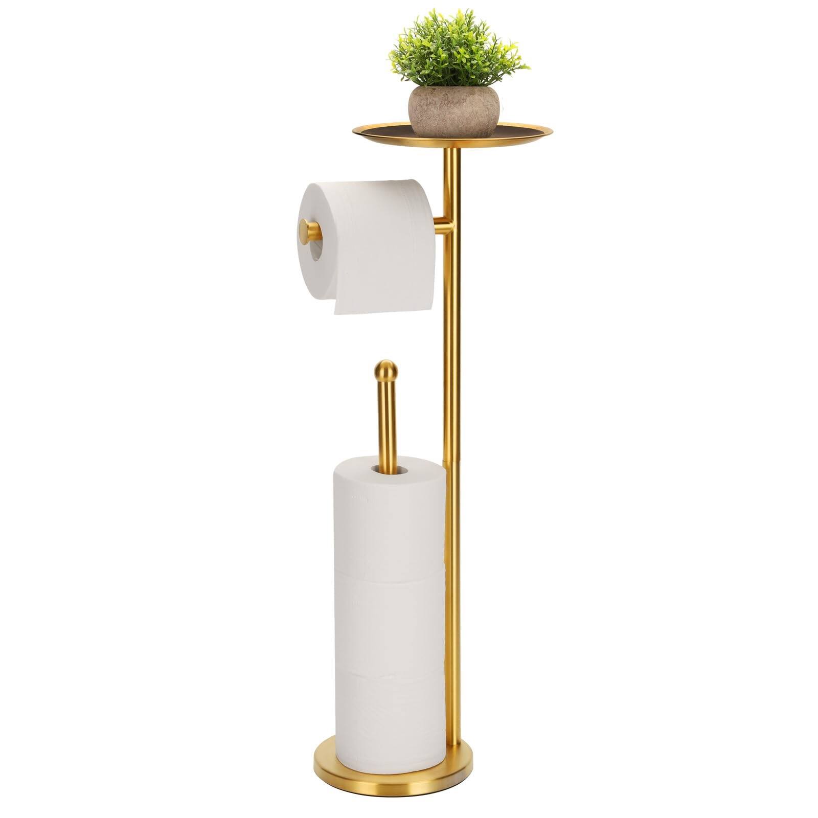 Front. Dazzed Corner - Freestanding Toilet Paper Holder with Big Shelf, 4 Rolls Reserve Paper Stand - Gold.