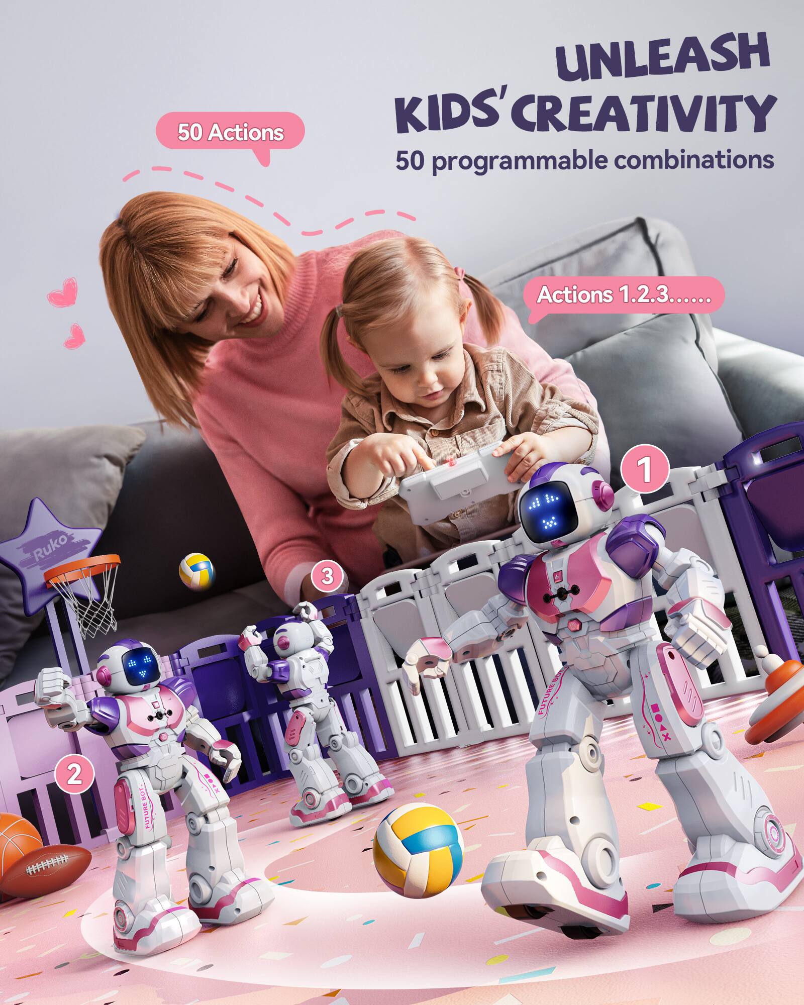 50 Actions UNLEASH KIDS' CREATIVITY  
50 programmable combinations  
Actions 1.2.3......  
Ruko 3  
FVE FUTURE  
NOAX 0