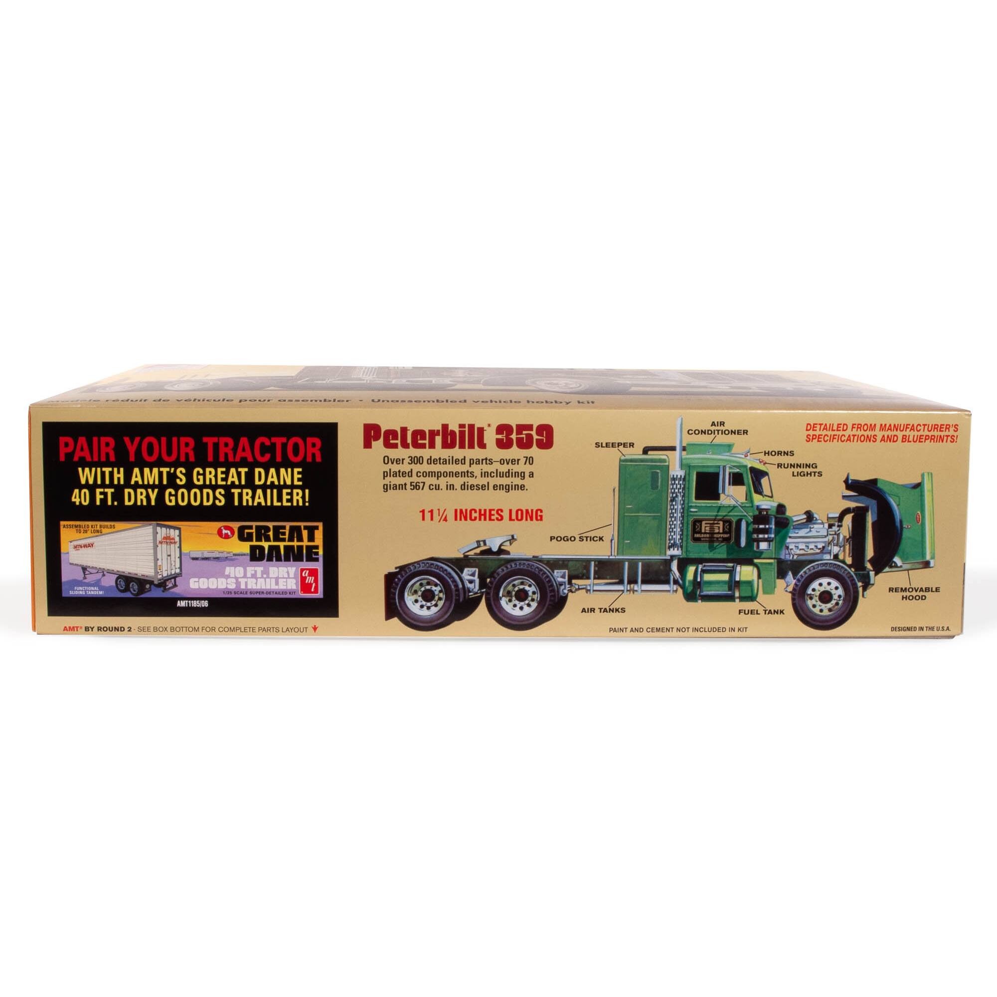 The text on the image reads:

"Pair your Peterbilt 359 SLEEPER TRACTOR with AMT's Great Dane plated components, including a giant 567 CE in diesel engine. 40 FT. DRY GOODS TRAILER! 1 11% INCHES LONG. GREAT POSO STICKERS AIR DETAILED FROM MANUFACTURER'S CONSTITUTIONS SPECIFICATIONS AND BLUEPRINTS! HORNS RUNNING JIGS REMOVABLE adidas FUEL TANK AT . . SE adidas BOTTOM FOR COMPLETE PARTS LATOUT CEMENT NOT C - A.. C - - ..."

The text is grouped and corrected as follows:

"Pair your Peterbilt 359 SLEEPER TRACTOR with AMT's Great Dane plated components, including a giant 567 CE in diesel engine. 40 FT. DRY GOODS TRAILER! 1 11% INCHES LONG. GREAT POSO STICKERS AIR DETAILED FROM MANUFACTURER'S CONSTITUTIONS SPECIFICATIONS AND BLUEPRINTS! HORNS RUNNING JIGS REMOVABLE adidas FUEL TANK AT . . SE adidas BOTTOM FOR COMPLETE PARTS LATOUT CEMENT NOT C - A.. C - - ..."