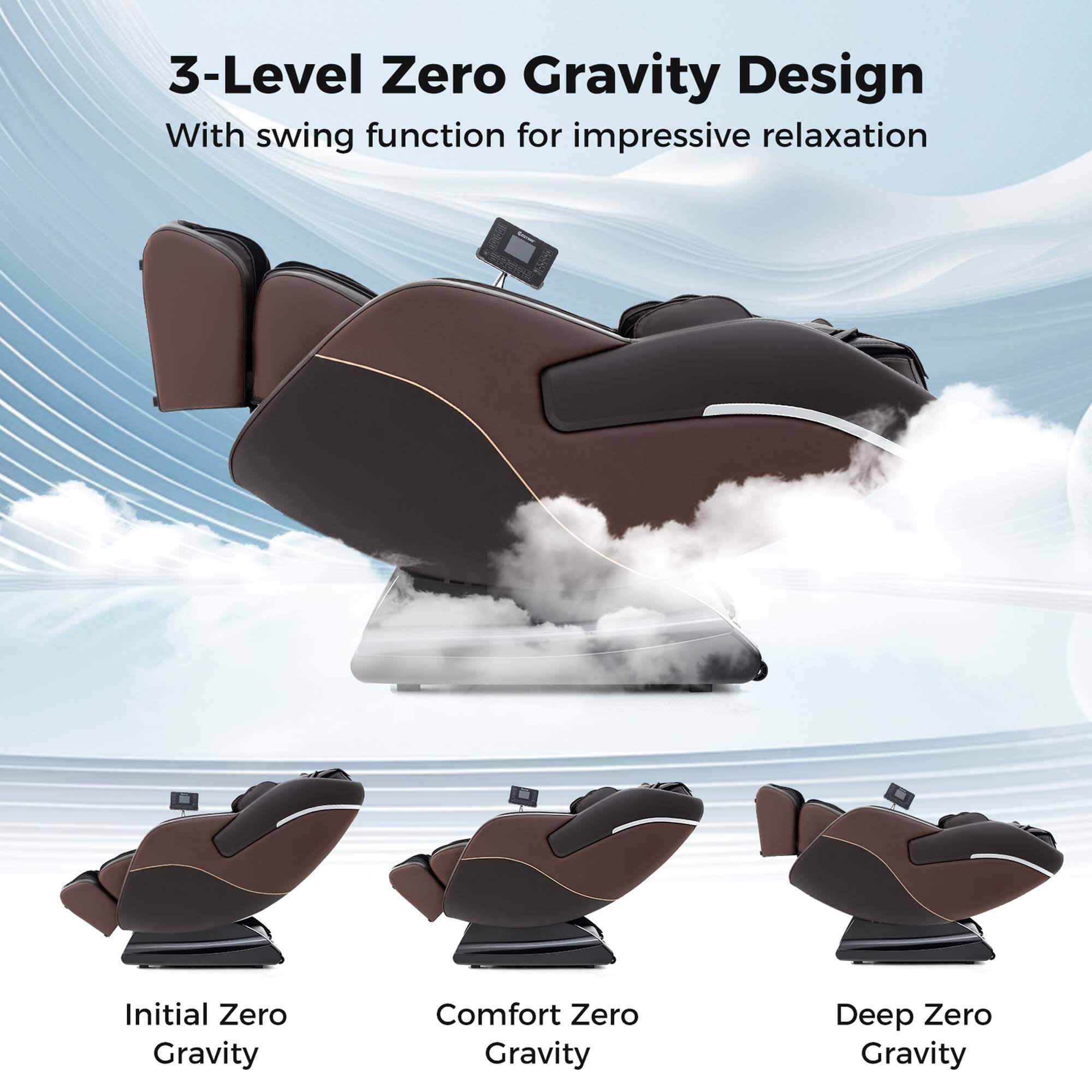 3-Level Zero Gravity Design With Swing Function For Impressive Relaxation: Initial Zero Gravity, Comfort Zero Gravity, Deep Zero Gravity.