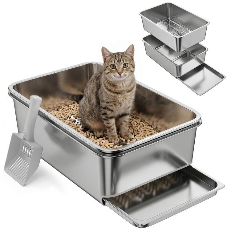 Front. PULUZ - Stainless Steel Litter Box, XL Sifting Cat Litter Box for Medium, Large Cat, Non-Sticky, Odour Free, Easy Clean - Silver.