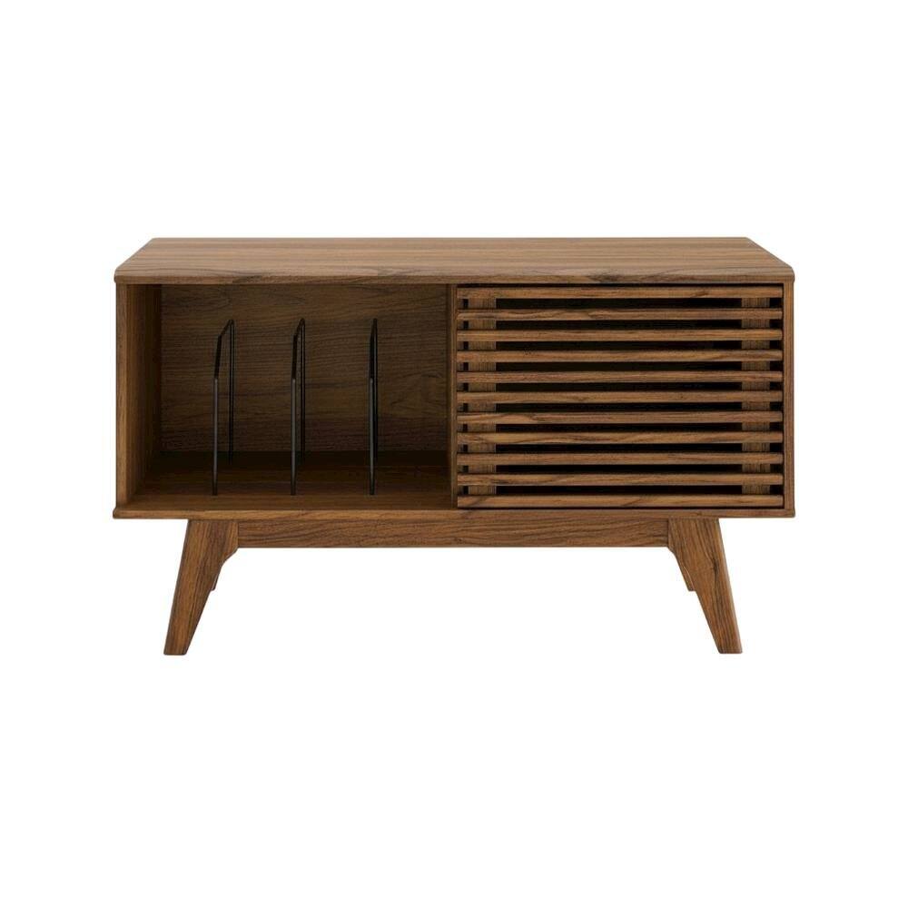 Back. FurniFact - Wood vinyl record display stand in warm brown finish with spacious shelf - Brown.