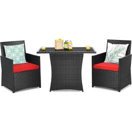 Hivvago - 3-Piece Patio Furniture Outdoor Dining Set in Brown PE Rattan with Red Cushions - Brown and Red