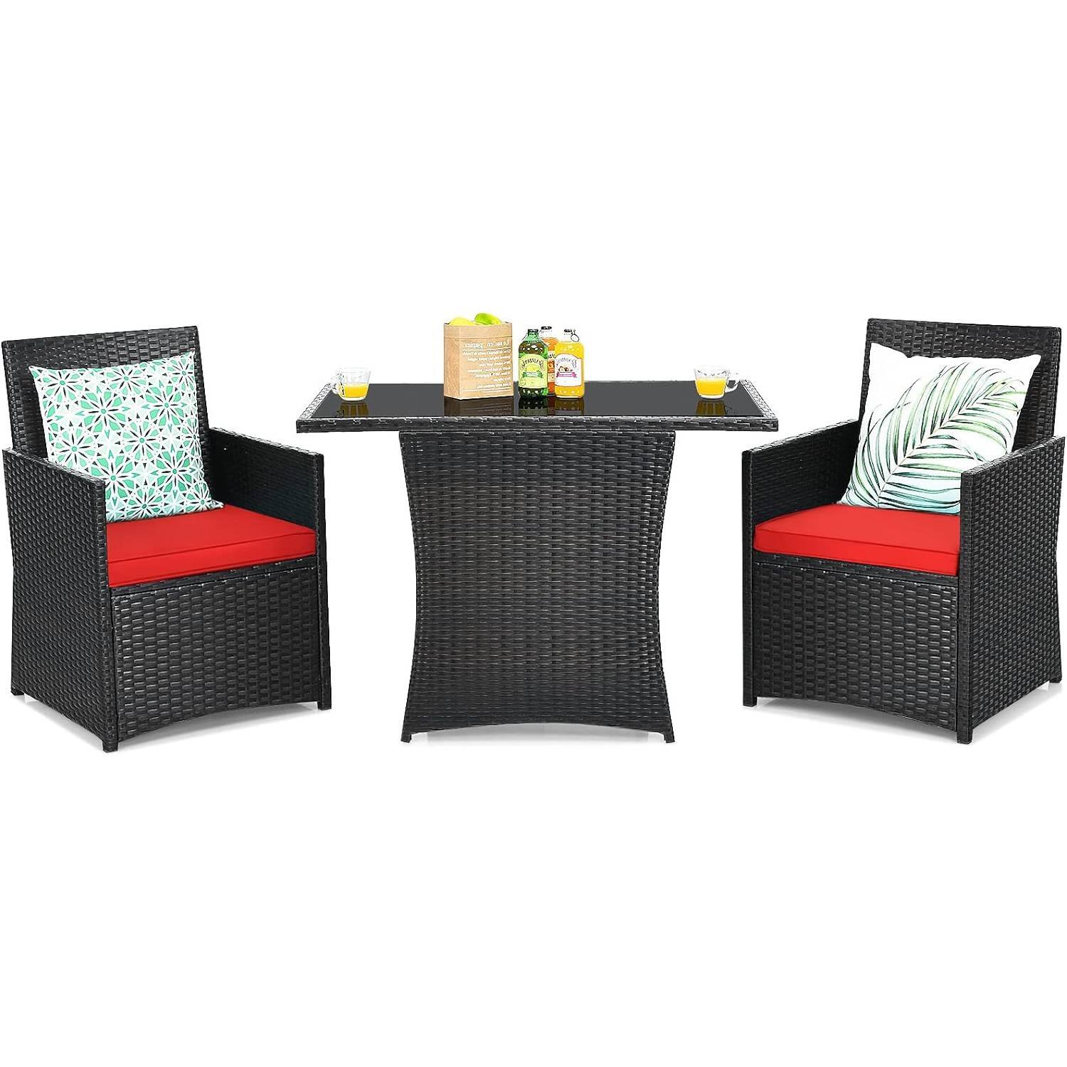 Front. Hivvago - 3-Piece Patio Furniture Outdoor Dining Set in Brown PE Rattan with Red Cushions - Brown and Red.