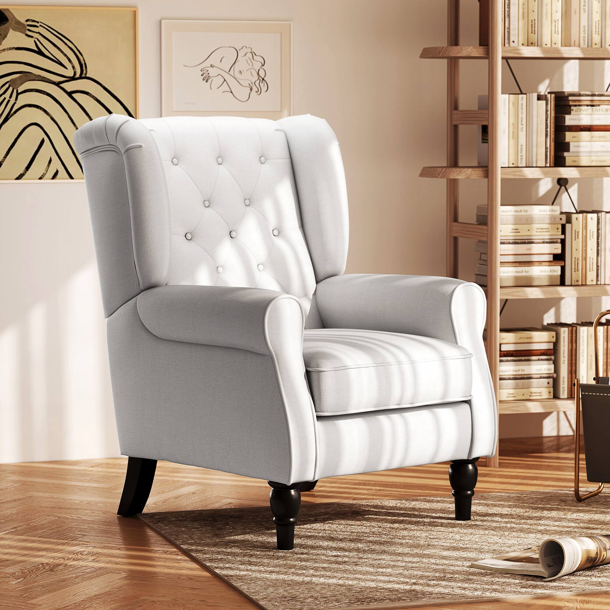 Alt View 1. Homcom - Mid-Century Modern Accent Chair, High Wingback Chair, Button-Tufted Upholstered Fabric Armchair - Cream White.