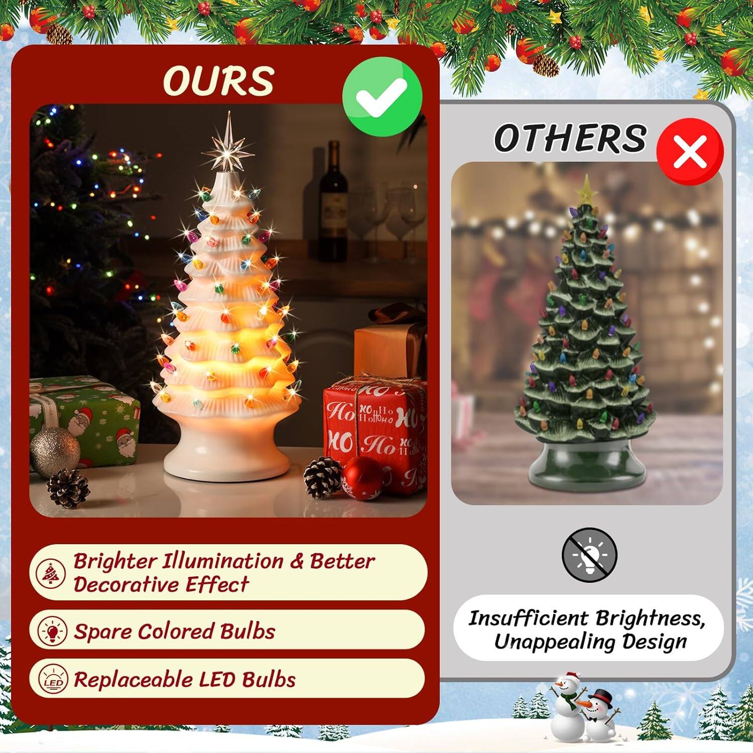 **OURS**

- Brighter Illumination & Better Decorative Effect
- Spare Colored Bulbs
- Replaceable LED Bulbs

**OTHERS**

- Insufficient Brightness, Unappealing Design