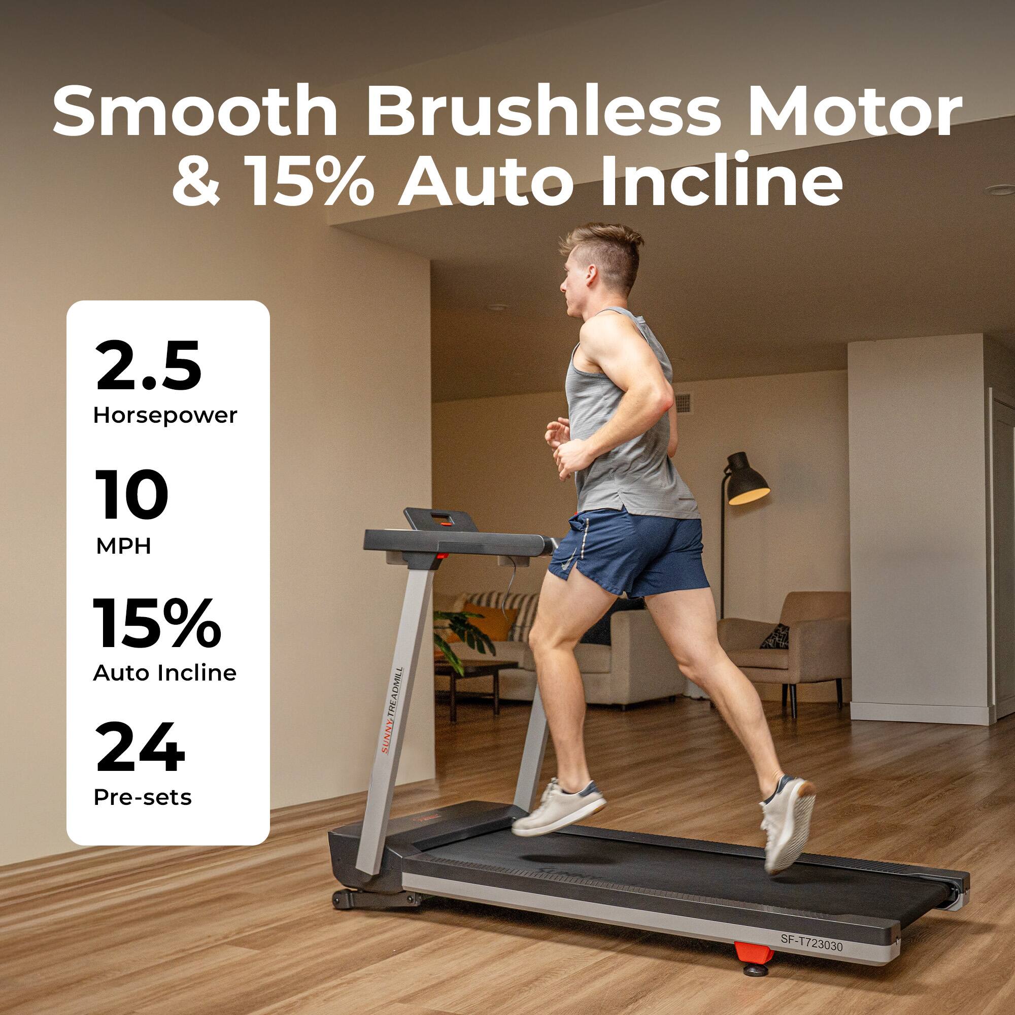 Smooth Brushless Motor & 15% Auto Incline  
2.5 Horsepower  
10 MPH  
15% Auto Incline  
24 Pre-sets  

ADMLL SUNTREADMLL L ANNITE SF-T723030