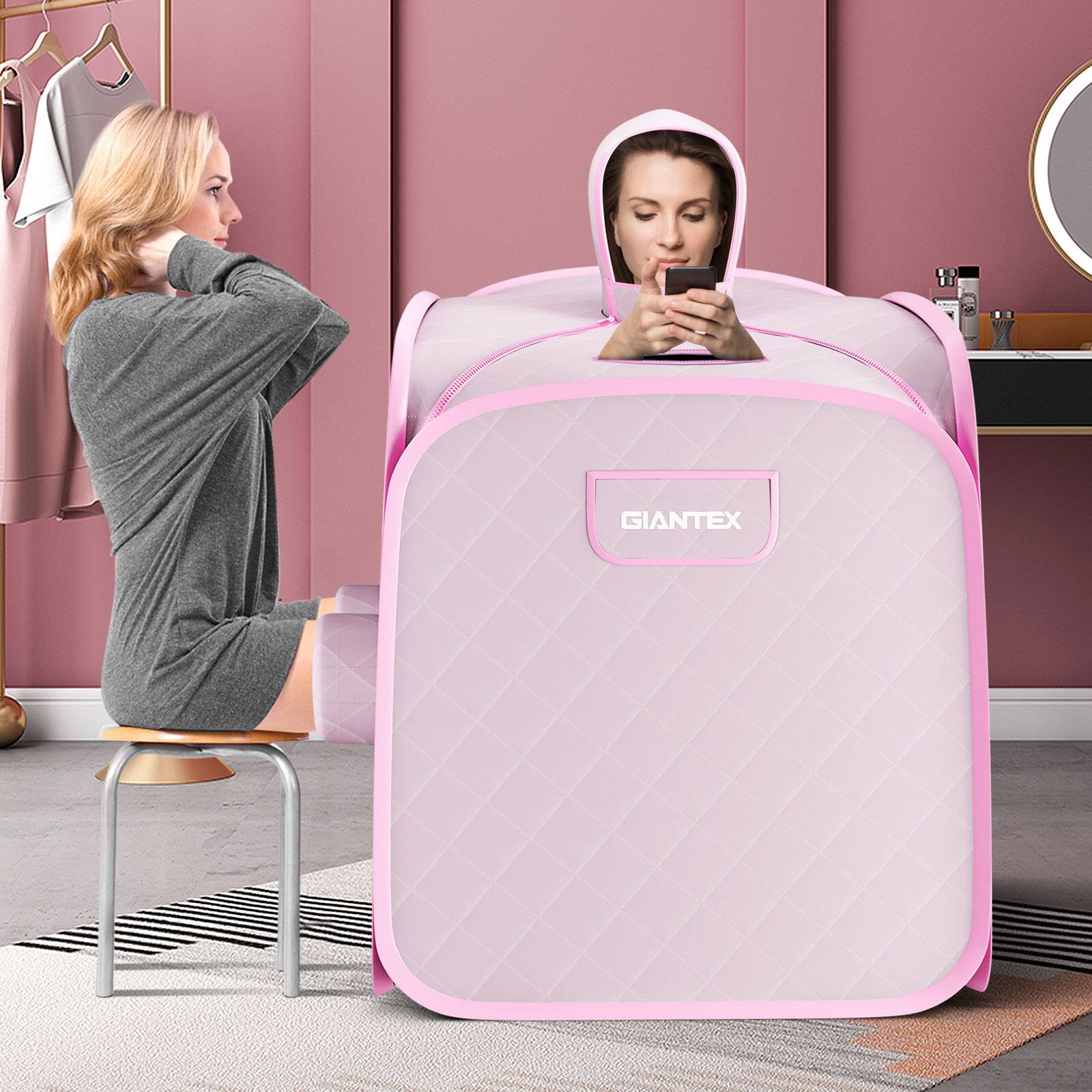 Left. Costway - 800W 2 Person Portable Steam Sauna Tent SPA w/ Hat Side Holes 3L Steamer - Pink.