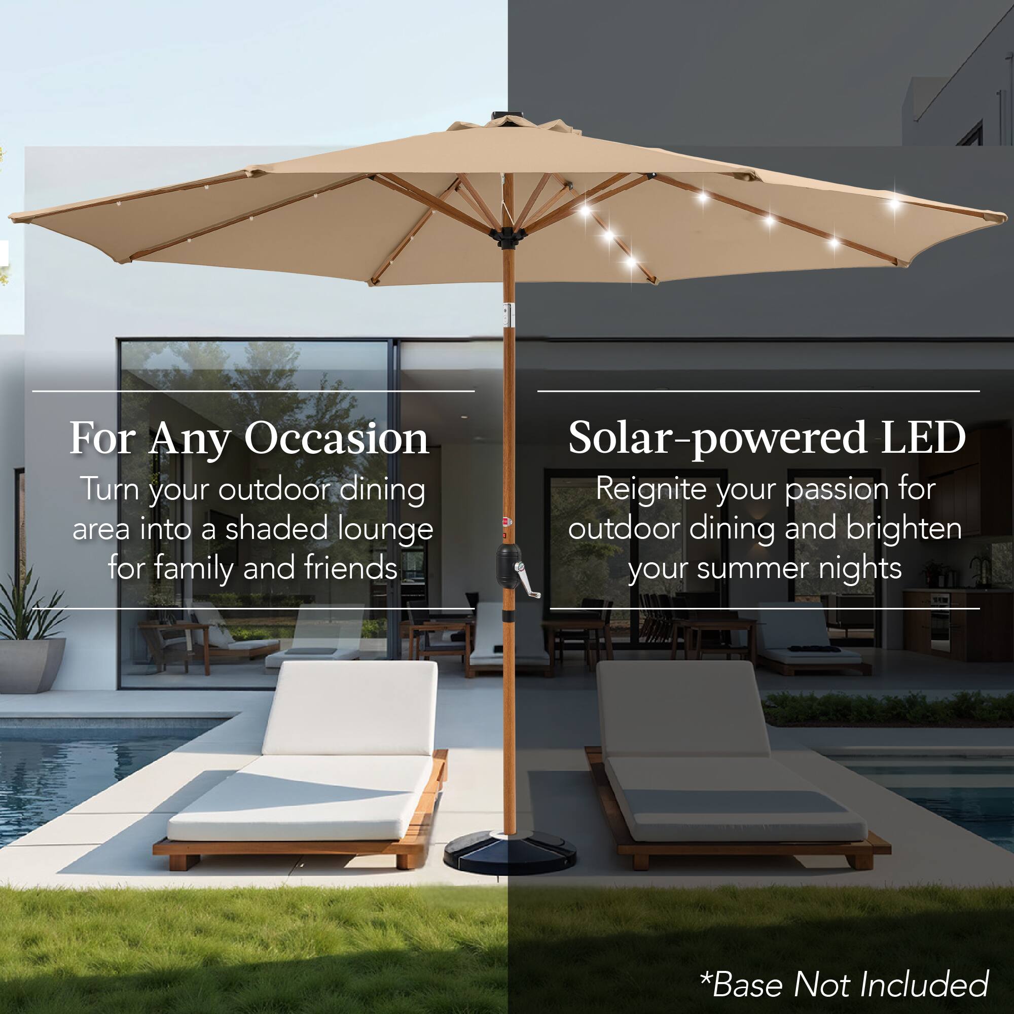 For Any Occasion: Turn your outdoor dining area into a shaded lounge for family and friends. Solar-powered LED: Reignite your passion for outdoor dining and brighten your summer nights. *Base Not Included.