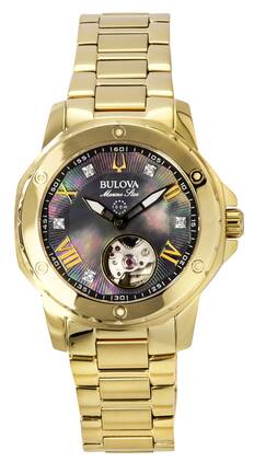 Bulova - Marine Star Gold Tone Stainless Steel Dial Automatic 97P171 100M Women's Watch - Black Mother Of Pearl
