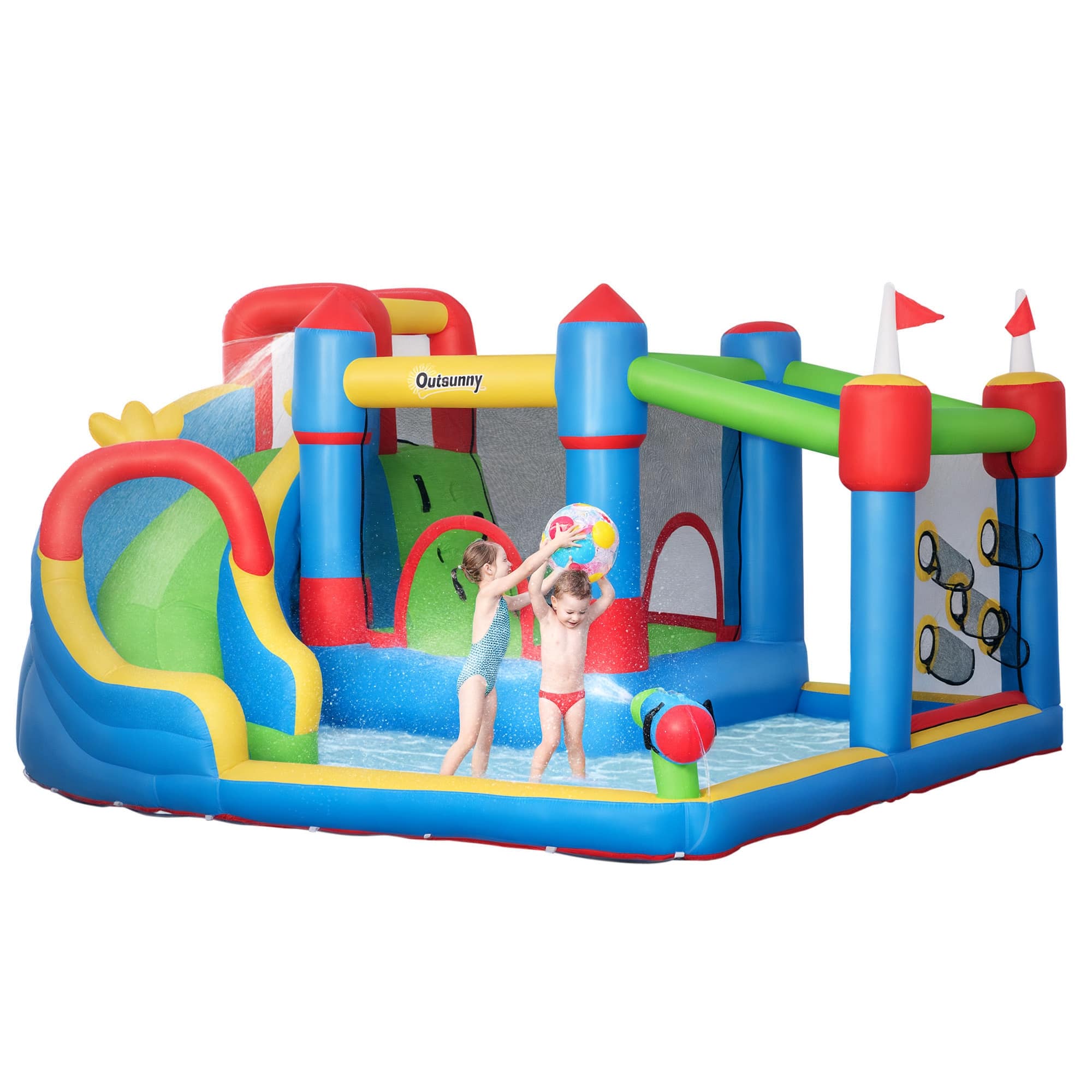 Outsunny - 6-in-1 Inflatable Bounce House, Slide, Climbing Wall, Water Cannon, Inflatable Water Slide for Kids, 2 Min. Inflation