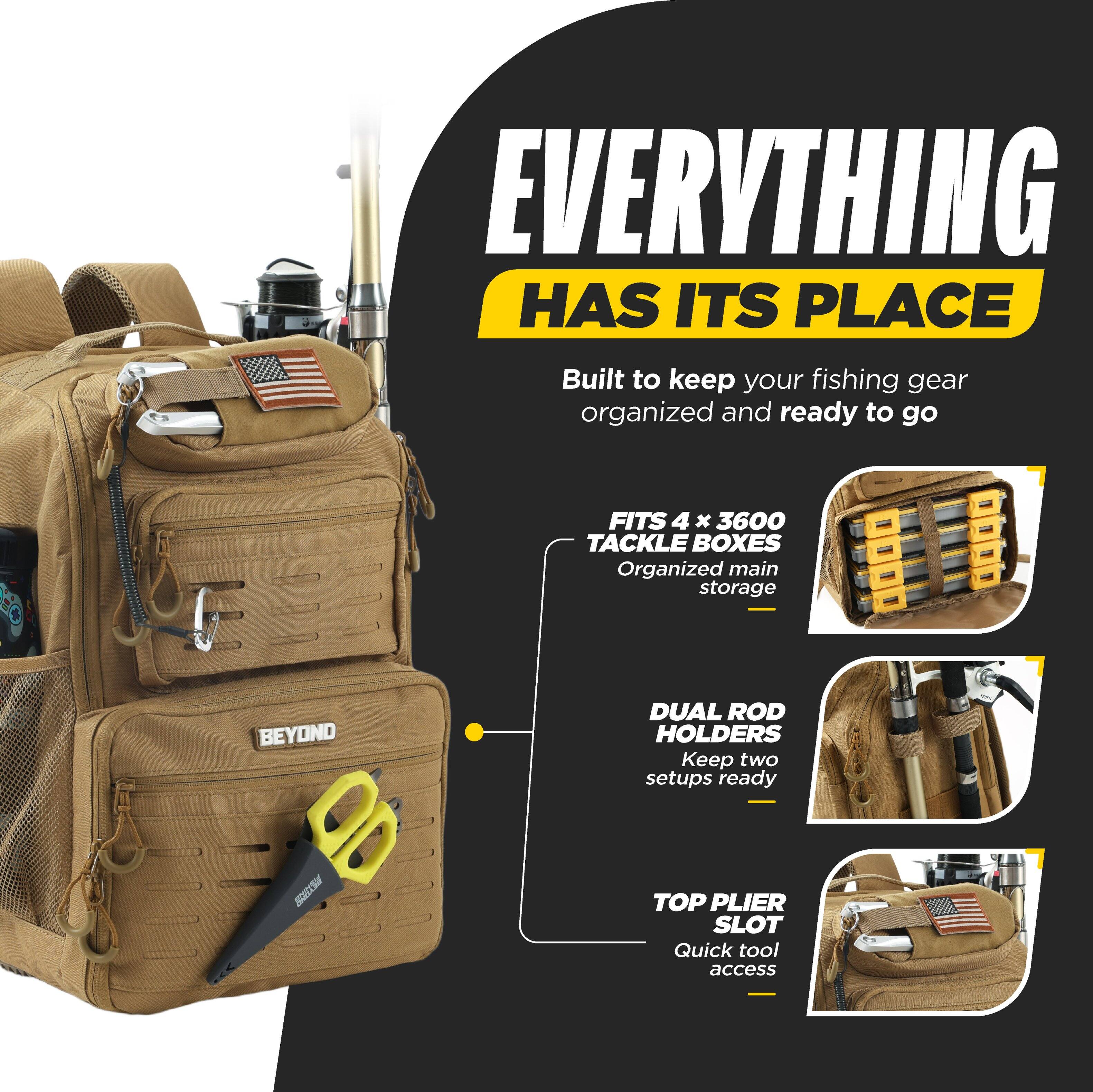 EVERYTHING HAS ITS PLACE  
Built to keep your fishing gear organized and ready to go  

FITS 4 x 3600 TACKLE BOXES  
Organized main storage  

DUAL ROD HOLDERS  
Keep two setups ready  

TOP PLIER SLOT  
Quick tool access