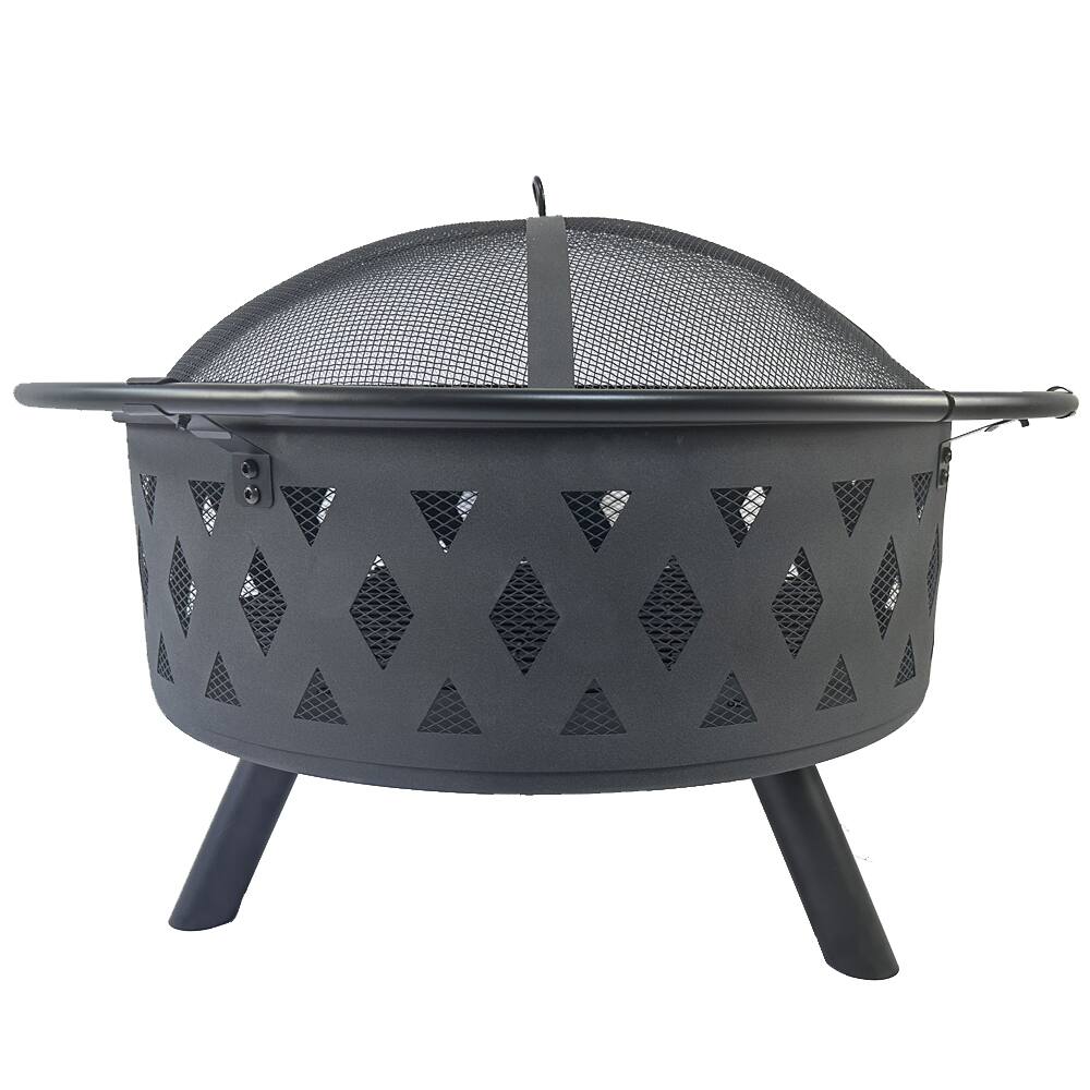 Alt View 1. APRILSOUL - Round Fire Pit with Net Cover Fire Poker Diamond Mesh Metal Wood Burning Outdoor - Black.