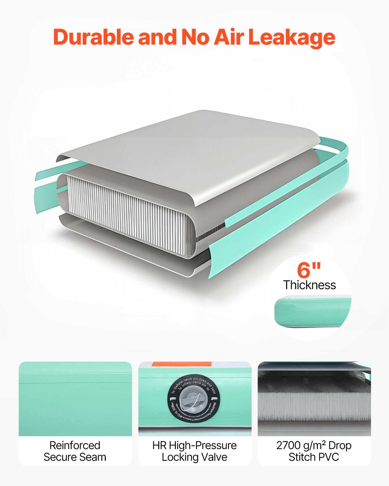 Durable and No Air Leakage  
6" Thickness  
Reinforced Secure Seam  
HR High-Pressure Locking Valve  
2700 g/m² Drop Stitch PVC