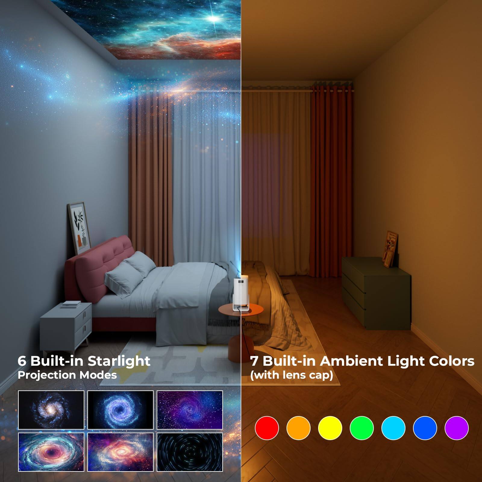 6 Built-in Starlight Projection Modes
7 Built-in Ambient Light Colors (with lens cap)