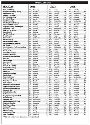 **IMPORTANT DATES**

| HOLIDAY | 2026 | 2027 | 2028 |
|---------|------|------|------|
| New Year's Day | Thursday, Jan 1 | Friday, Jan 1 | Saturday, Jan 1 |
| Martin Luther King Jr. Day | Monday, Jan 16 | Monday, Jan 16 | Monday, Jan 15 |
| Groundhog Day | Monday, Feb 13 | Tuesday, Feb 14 | Wednesday, Feb 14 |
| Lincoln's Birthday | Thursday, Feb 16 | Friday, Feb 17 | Thursday, Feb 15 |
| St. Valentine's Day | Saturday, Feb 18 | Sunday, Feb 12 | Sunday, Feb 11 |
| President's Day | Monday, Feb 20 | Monday, Feb 20 | Monday, Feb 12 |
| Ash Wednesday | Wednesday, Feb 22 | Wednesday, Feb 22 | Wednesday, Feb 21 |
| Washington's Birthday | Thursday, Feb 23 | Thursday, Feb 23 | Thursday, Feb 16 |
| Orthodox Lent Begins | Monday, Feb 