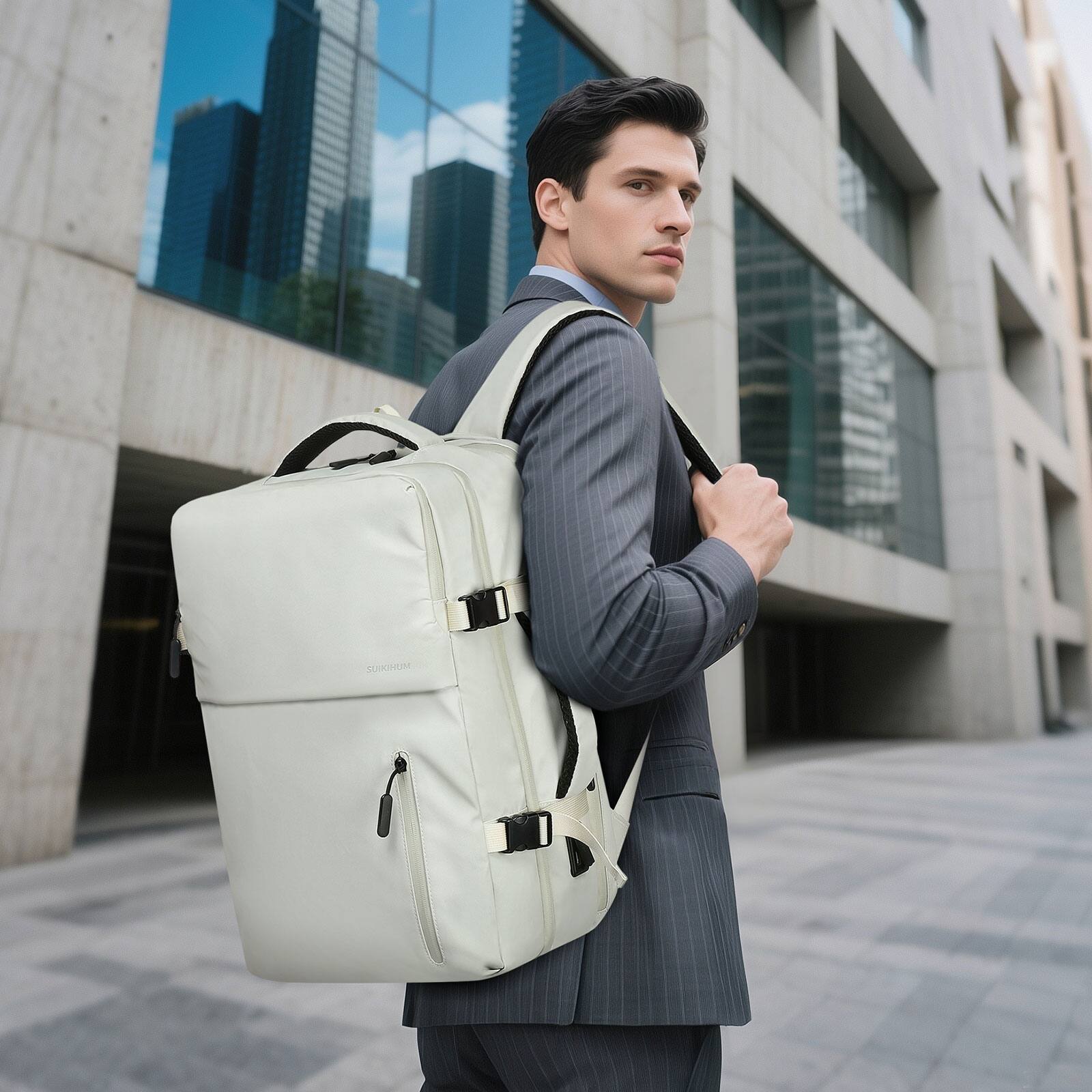 Alt View 1. Unique Bargains - Lay Flat Carry on Travel Backpack, 30L Airline Approved, Fits 16" Laptop, USB-C & USB-A, Water Resistant - Beige.