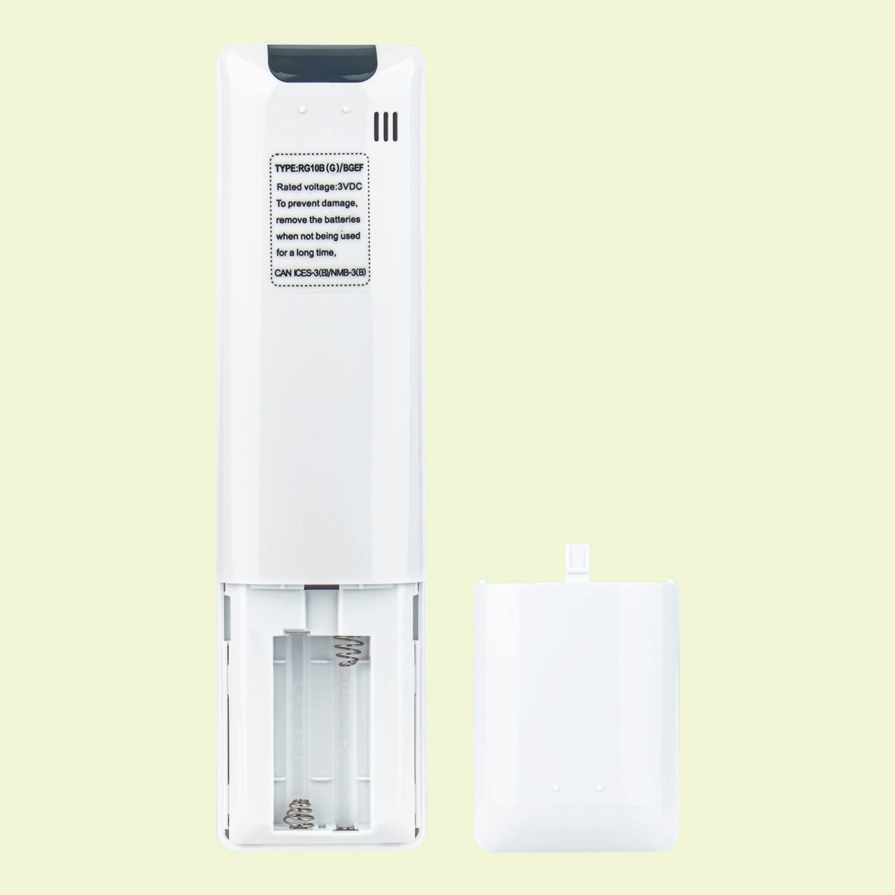 TYPE: RG10B (G)/BGEF  
Rated voltage: 3VDC  
To prevent damage, remove the batteries when not being used for a long time.  
CAN ICES-3(8VNMB-3080)