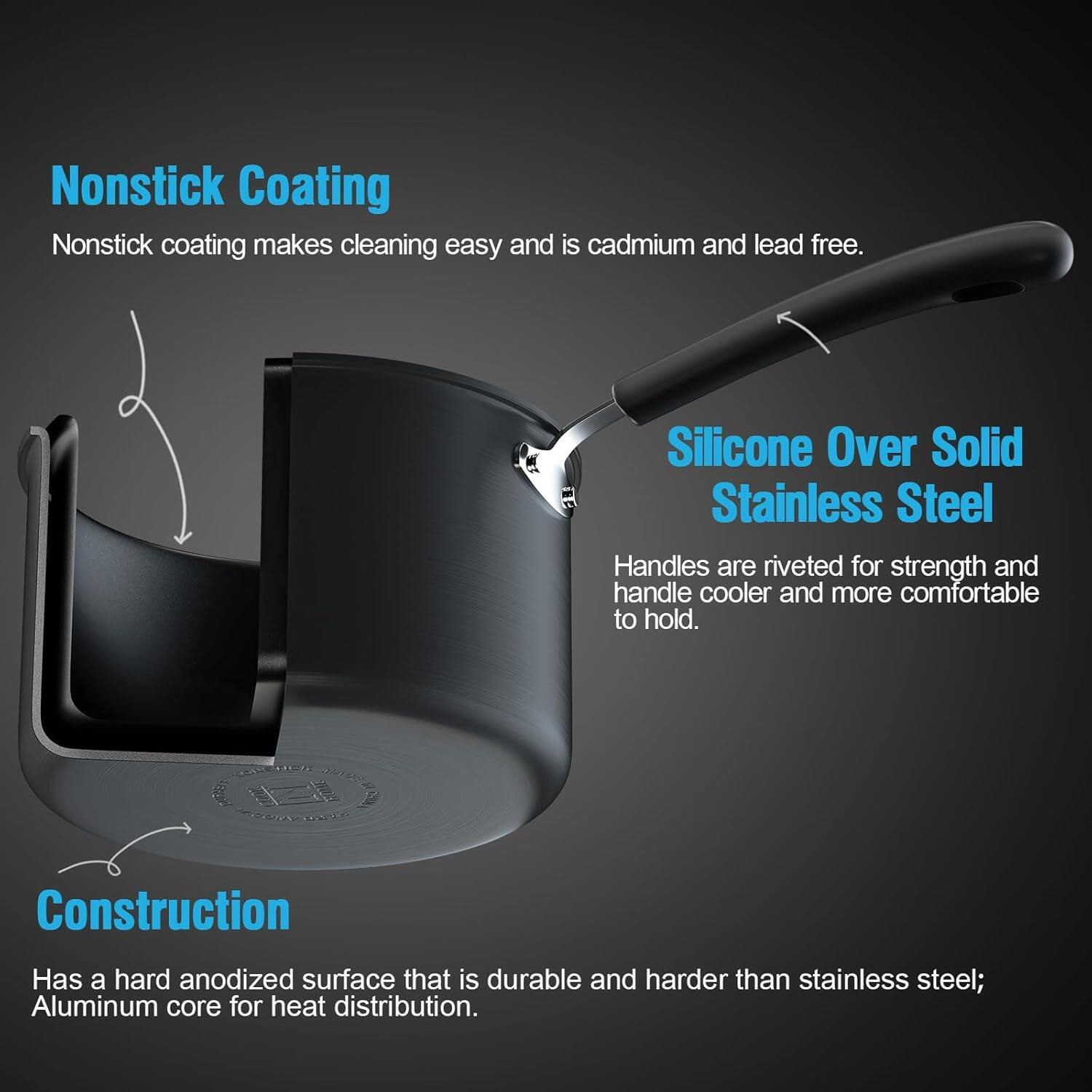 Nonstick Coating  
Nonstick coating makes cleaning easy and is cadmium and lead free.  

Silicone Over Solid Stainless Steel  
Handles are riveted for strength and handle cooler and more comfortable to hold.  

Construction  
Has a hard anodized surface that is durable and harder than stainless steel; Aluminum core for heat distribution.