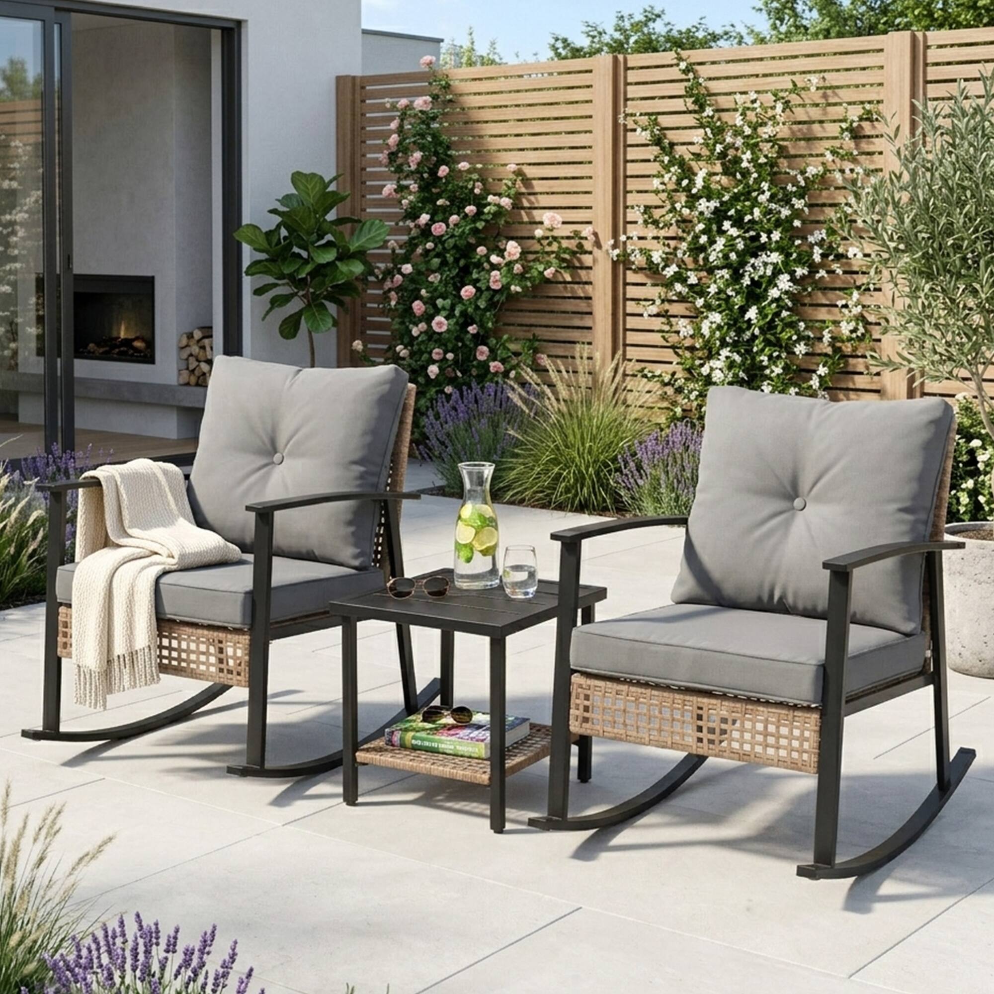 Left. Yardgrace - 3-Piece Outdoor Rocking Set, Oversize Rattan Chairs with Thick Cushions & 2-Tier Coffee Table for Patio Garden - Grey.