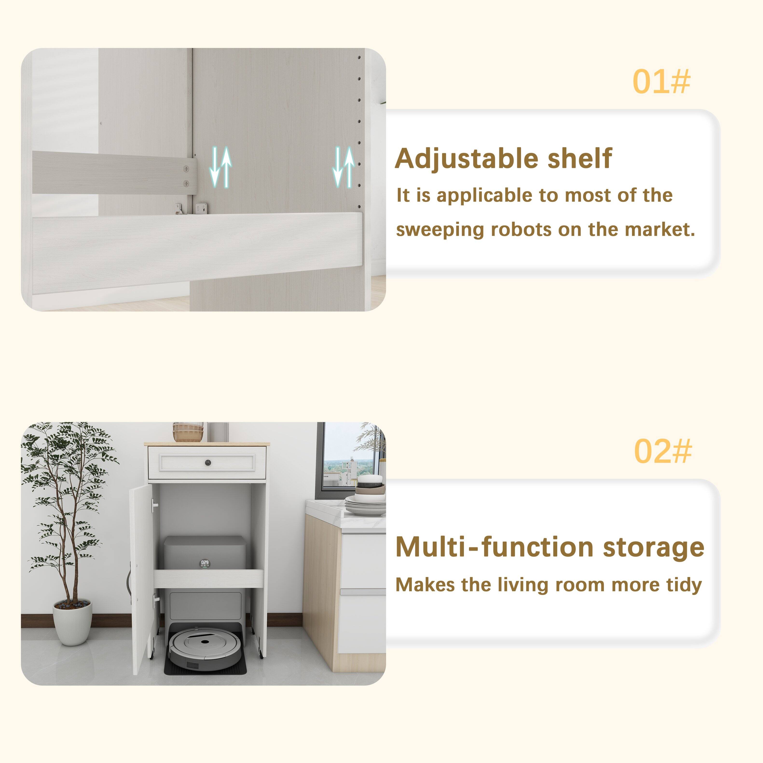 01# Adjustable shelf  
It is applicable to most of the sweeping robots on the market.

02# Multi-function storage  
Makes the living room more tidy