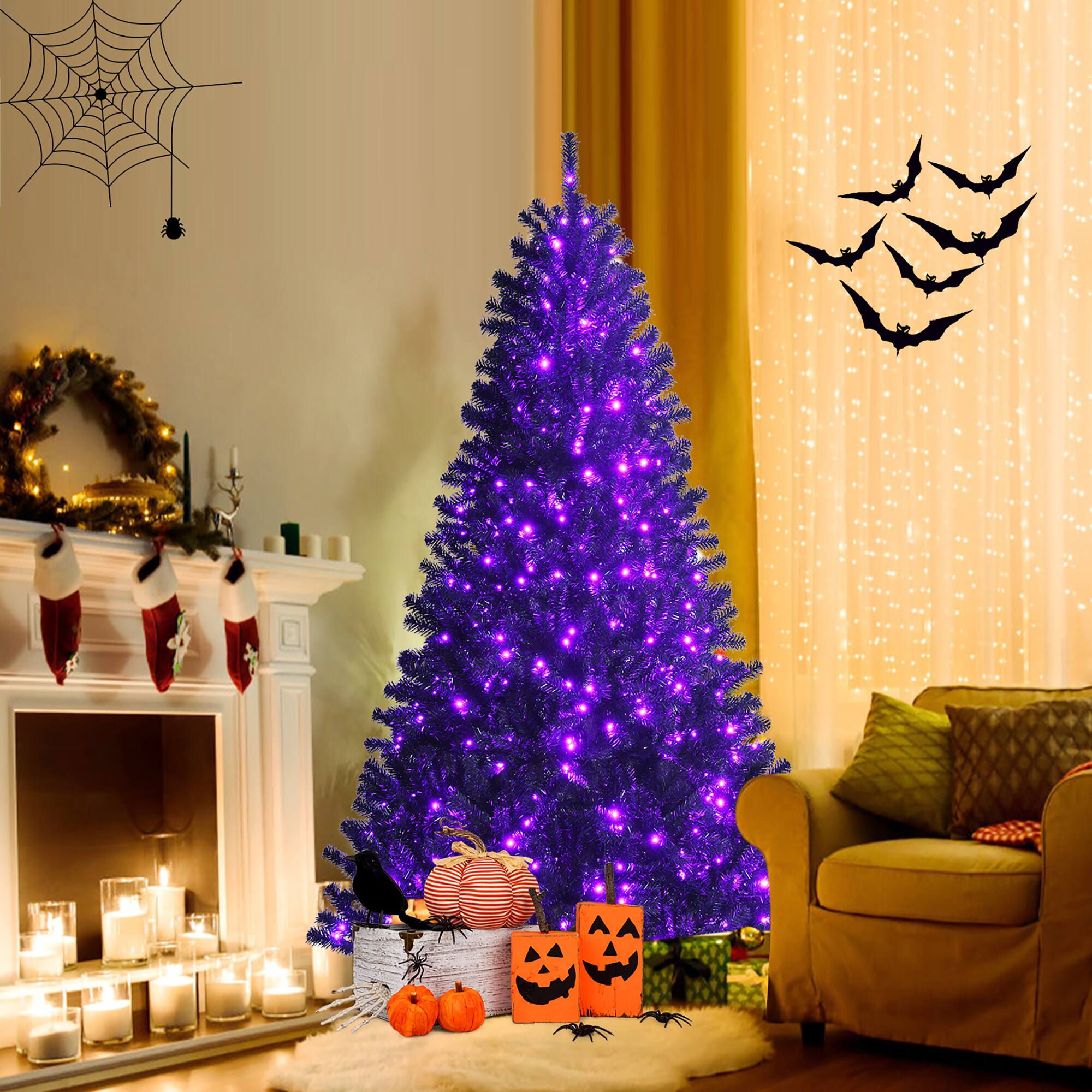 Alt View 11. Costway - 6ft Pre-lit PVC Christmas Halloween Tree w/ 250 Purple LED Lights - Black.