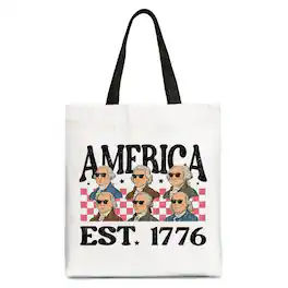 OrnamentallyYou - America Est 1776 Founding Fathers Vintage Canvas Tote Bag, Retro Patriotic Gift Shopper - White Black