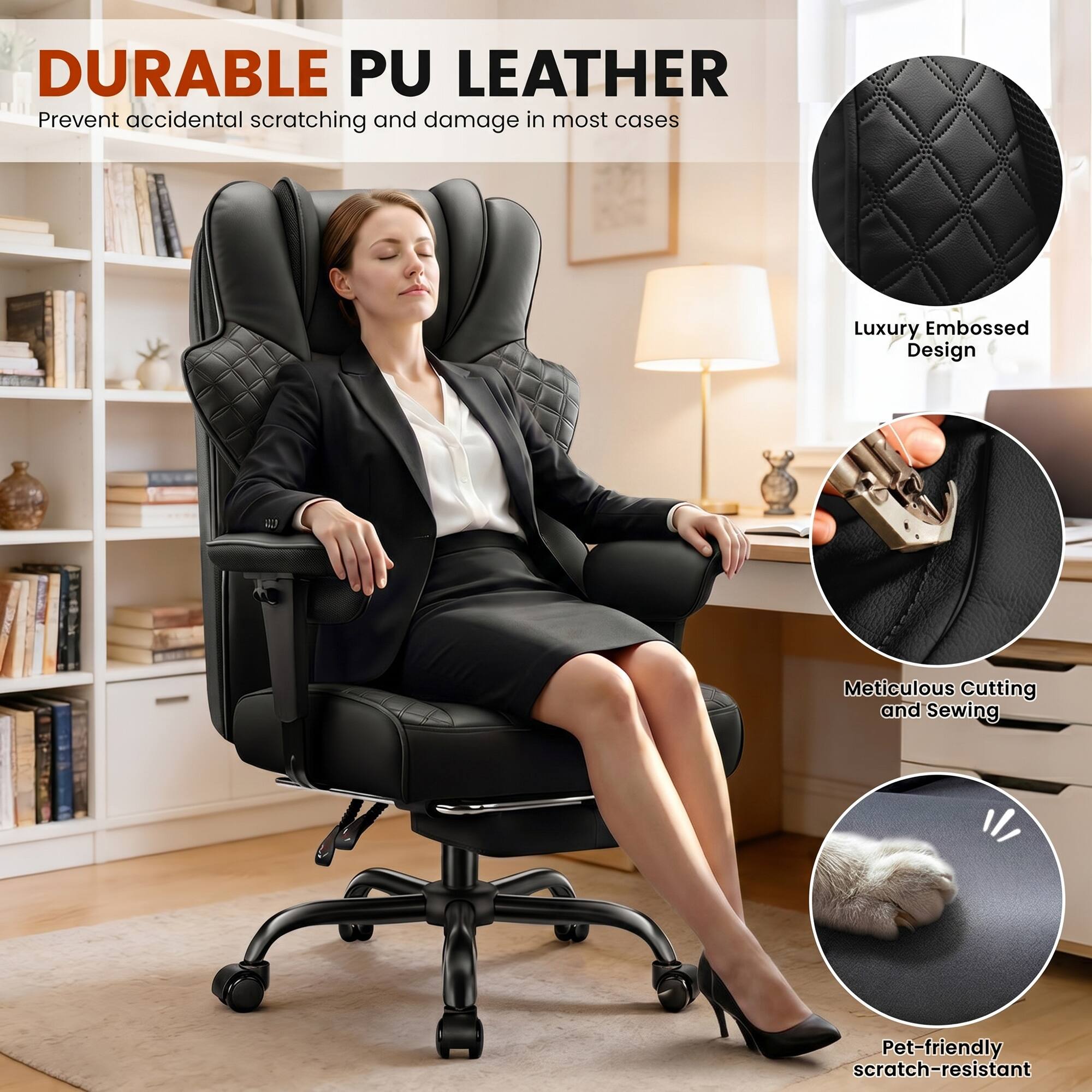 DURABLE PU LEATHER  
Prevent accidental scratching and damage in most cases

Luxury Embossed Design

Meticulous Cutting and Sewing

Pet-friendly scratch-resistant
