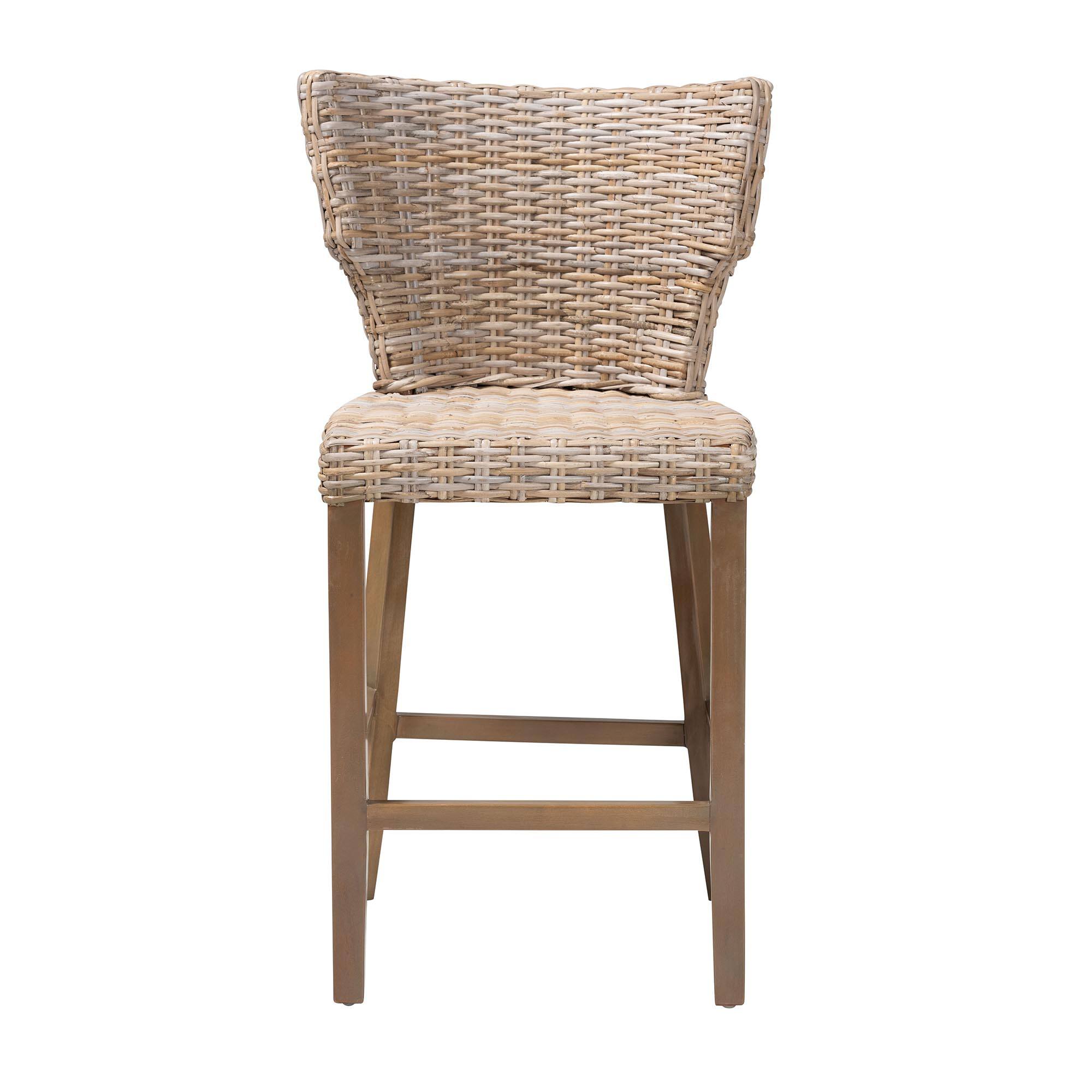 Angle. bali & pari - Enver Modern Bohemian Kubu Rattan and Mahogany Wood Counter Stool - Kubu Grey/Rustic Taupe.